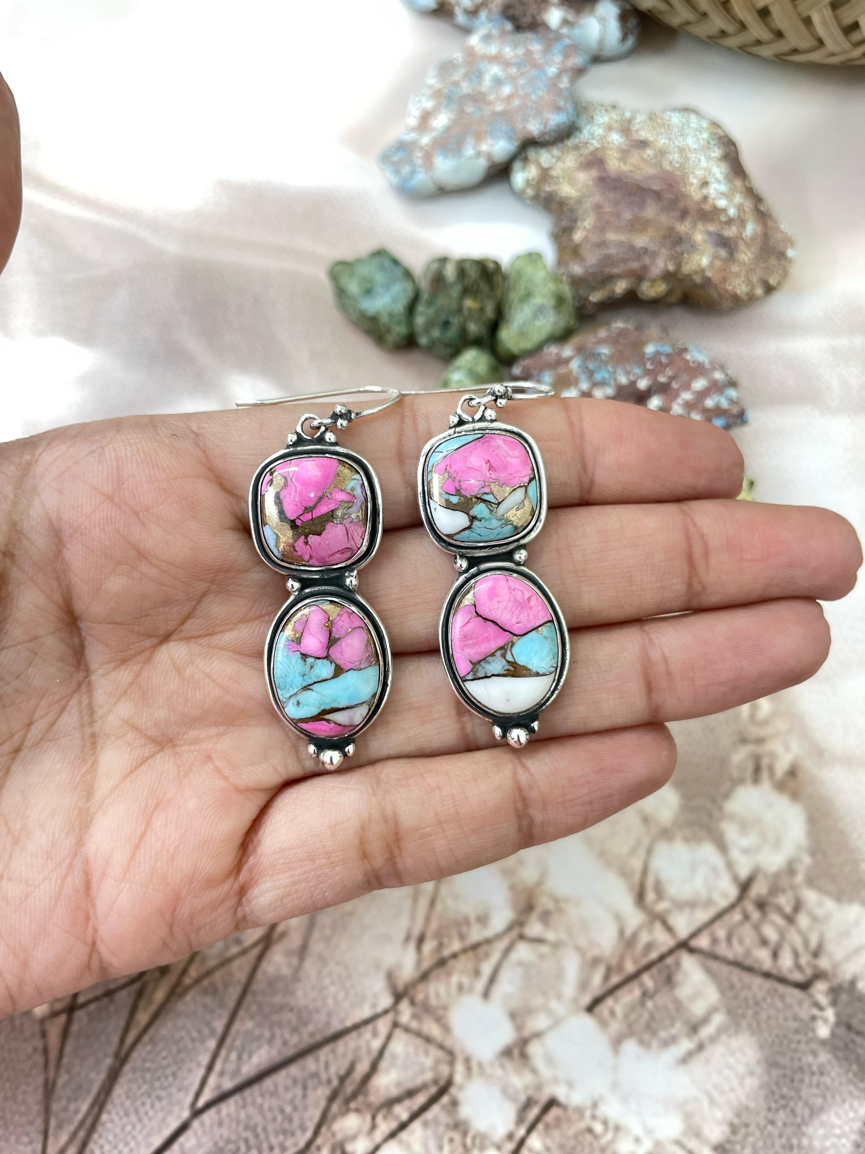 Handmade Sterling Silver Cotton Candy Turquoise Dangles Earrings with Signed Nizhoni