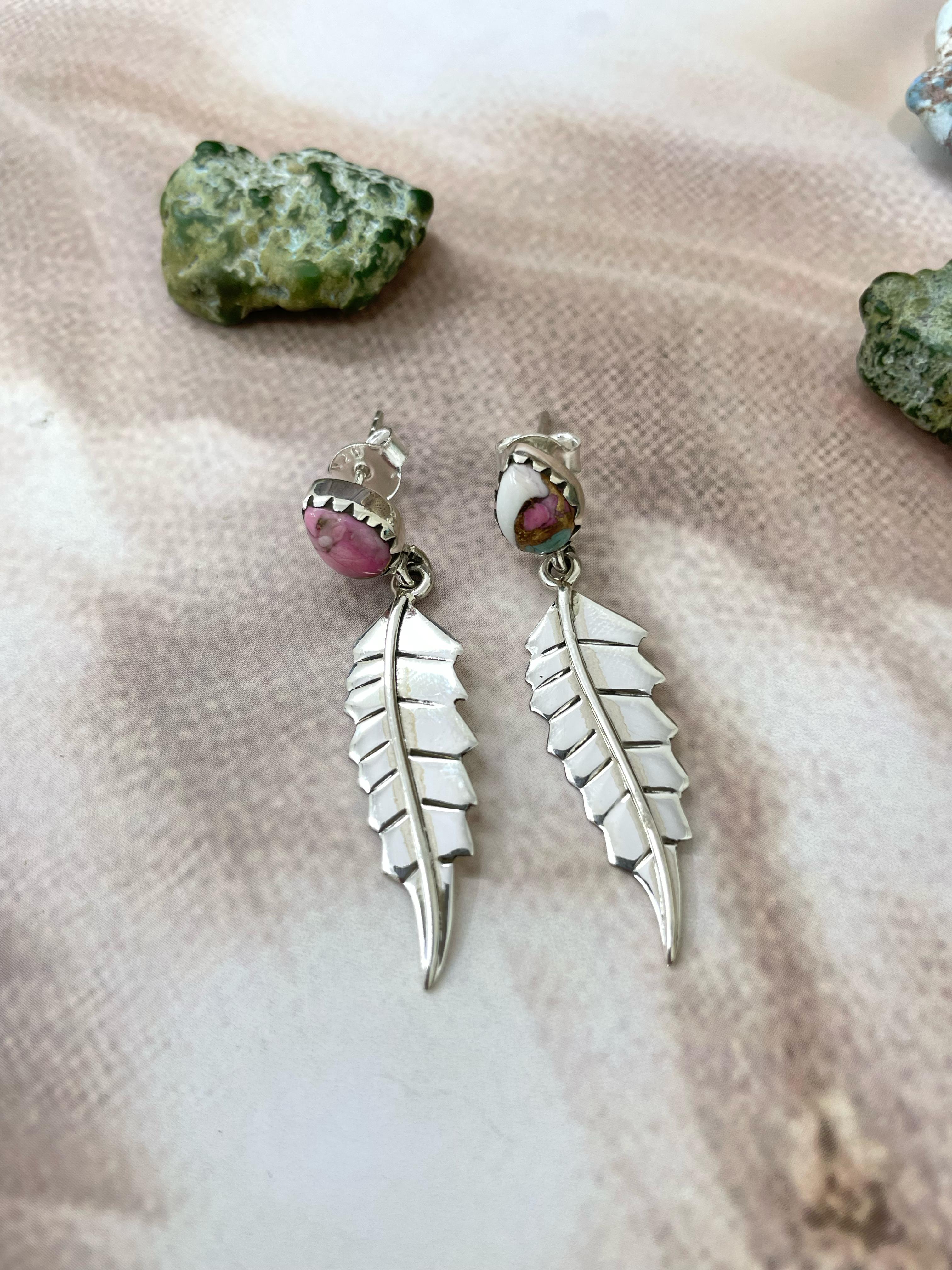 Handmade Sterling Silver Cotton Candy Turquoise Dangles Earrings with Signed Nizhoni