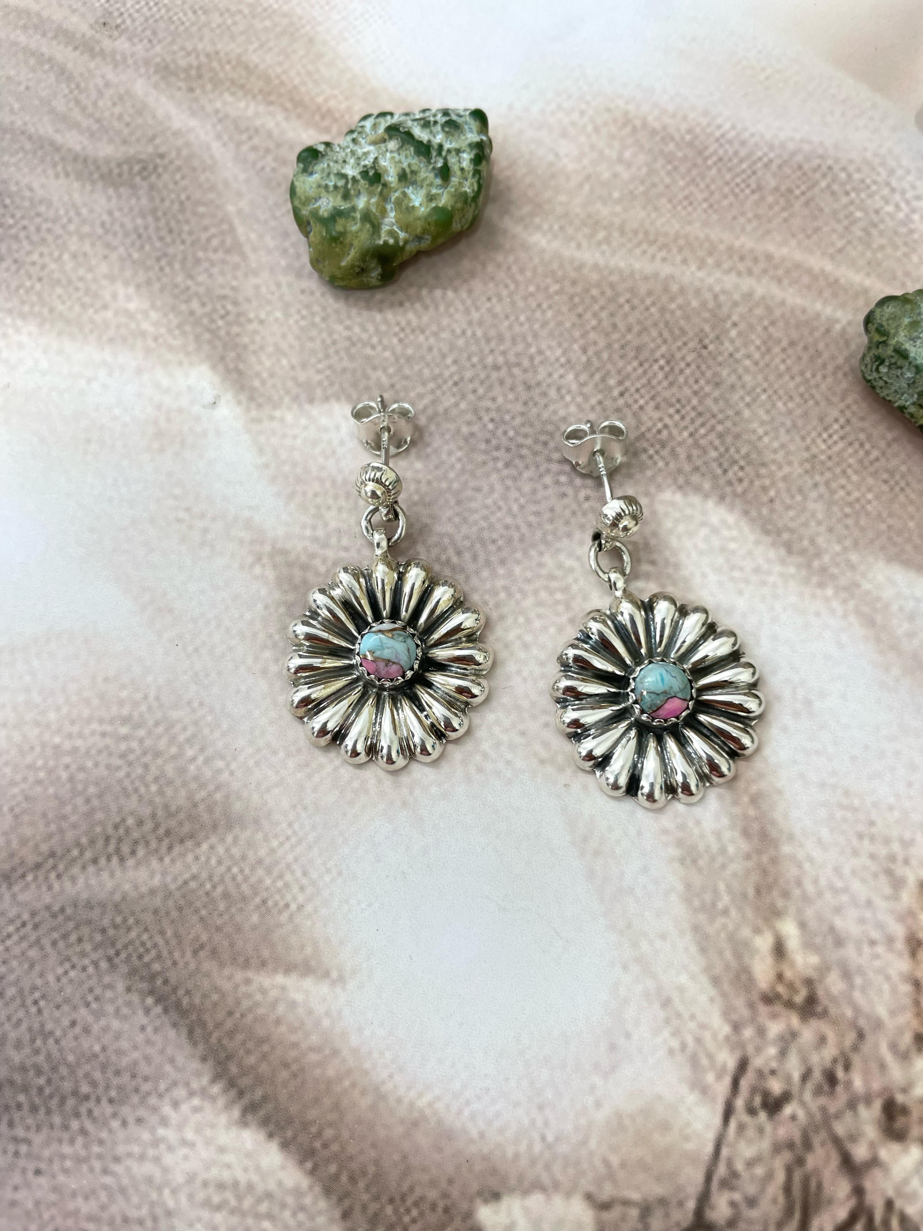 Handmade Sterling Silver Cotton Candy Turquoise Dangles Earrings with Signed Nizhoni