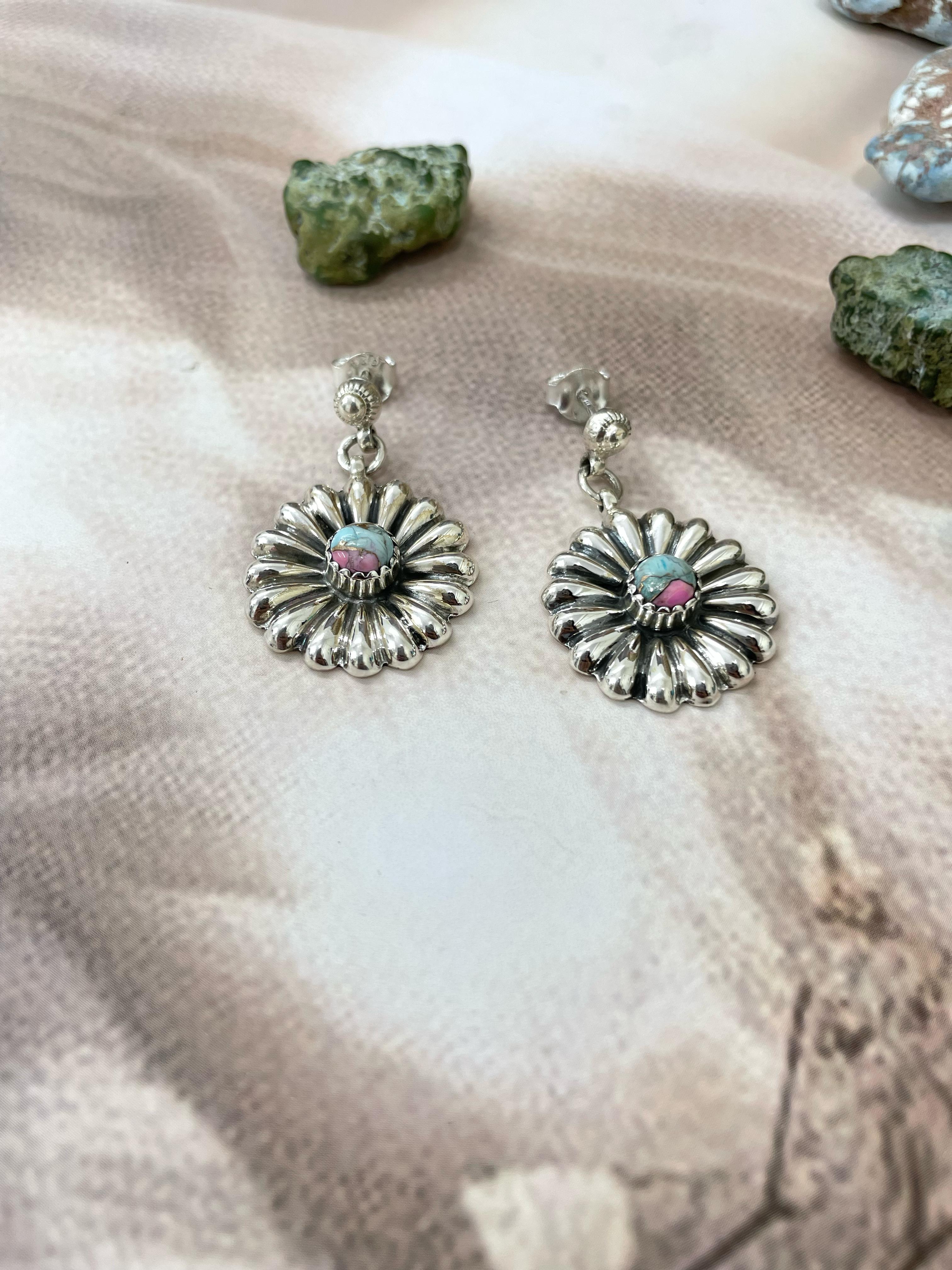 Handmade Sterling Silver Cotton Candy Turquoise Dangles Earrings with Signed Nizhoni