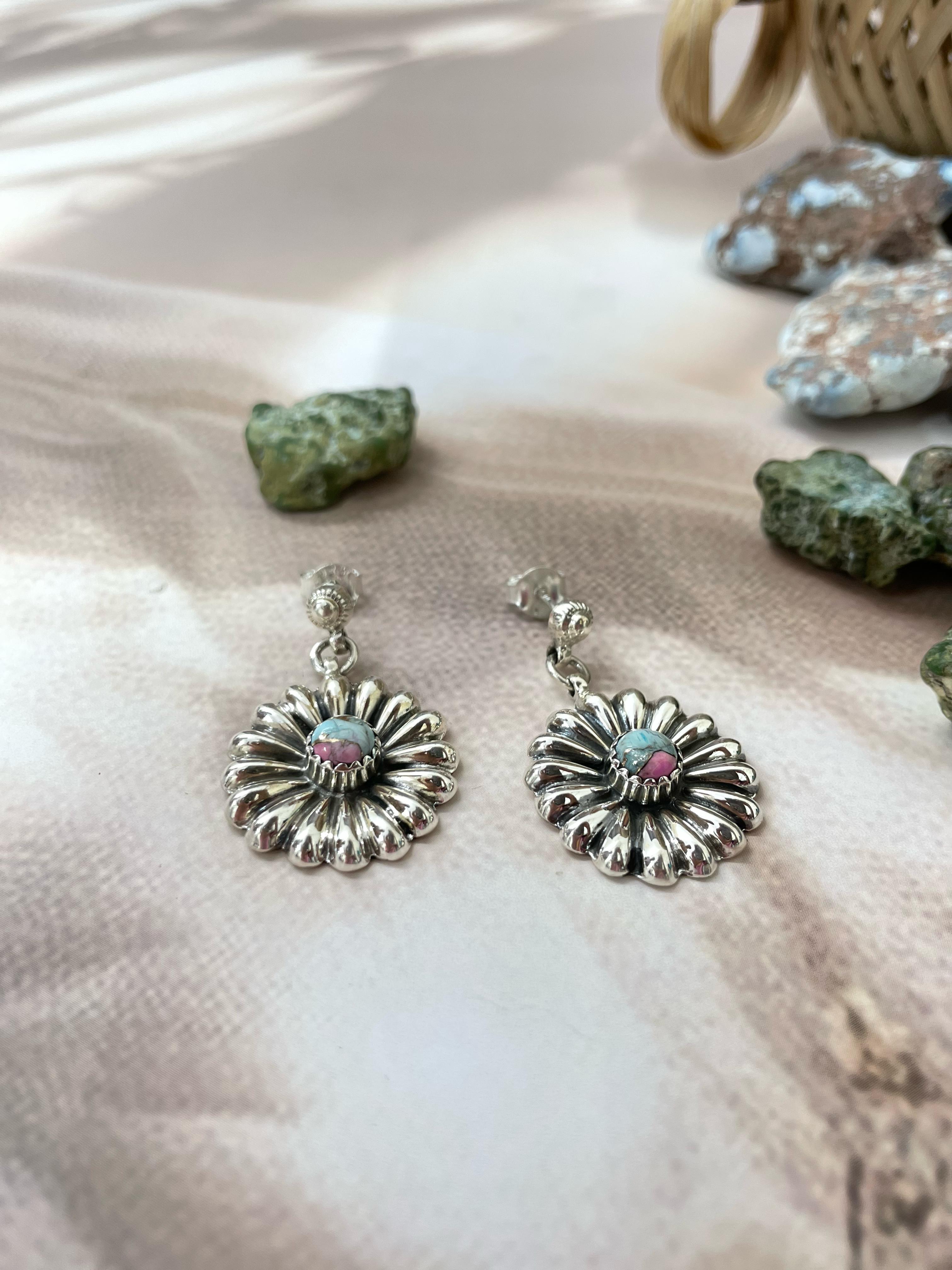 Handmade Sterling Silver Cotton Candy Turquoise Dangles Earrings with Signed Nizhoni