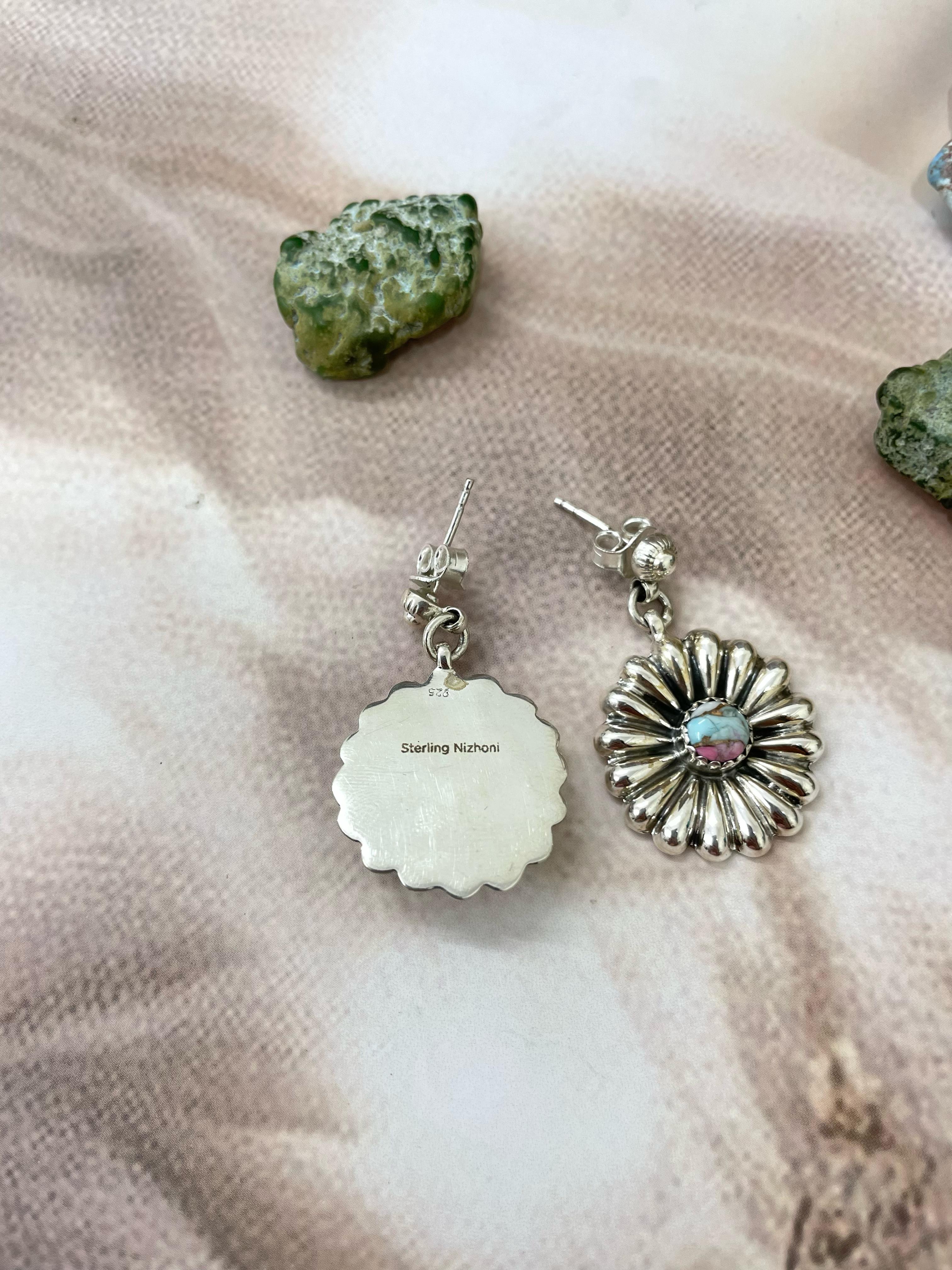 Handmade Sterling Silver Cotton Candy Turquoise Dangles Earrings with Signed Nizhoni