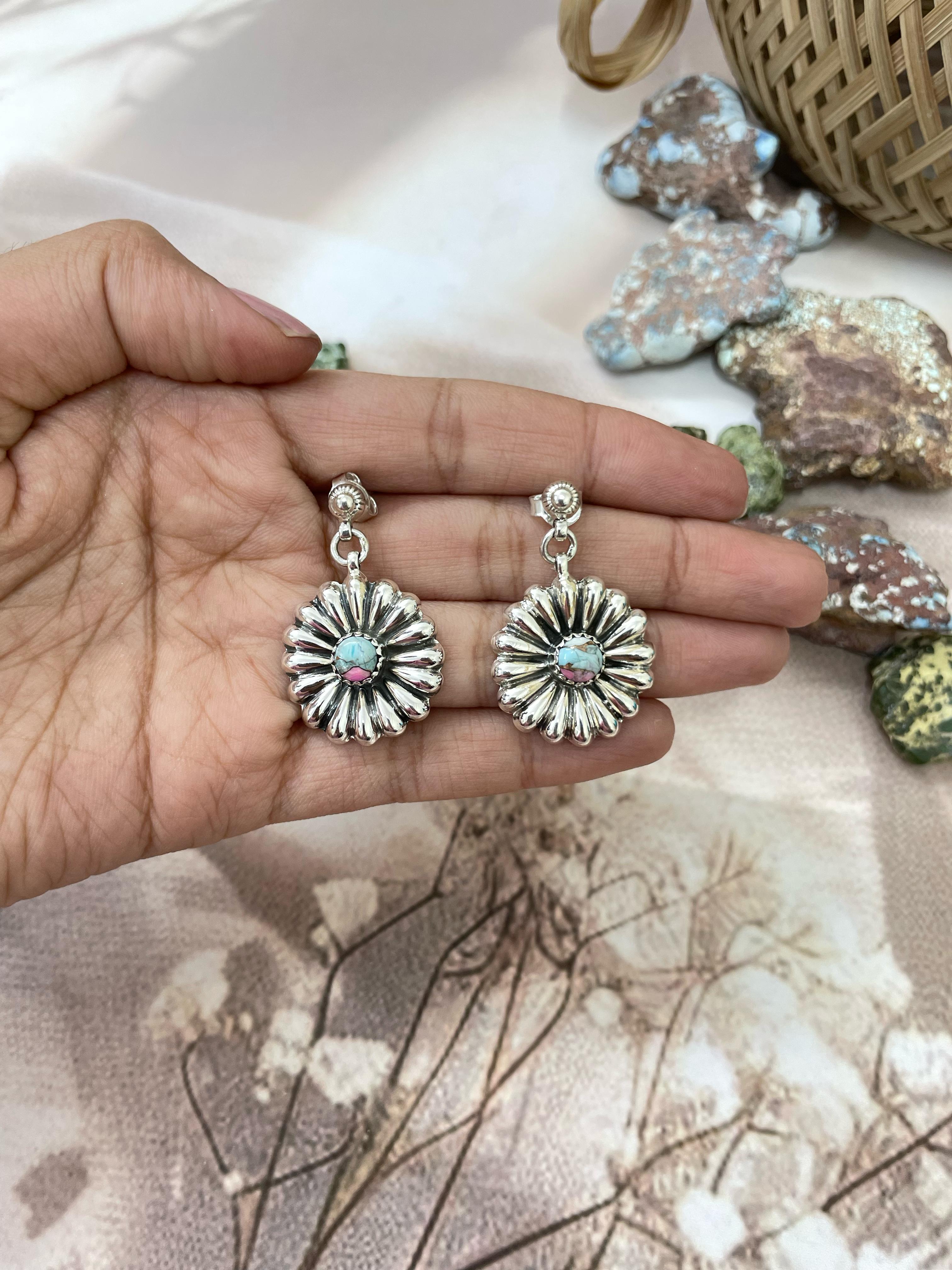 Handmade Sterling Silver Cotton Candy Turquoise Dangles Earrings with Signed Nizhoni