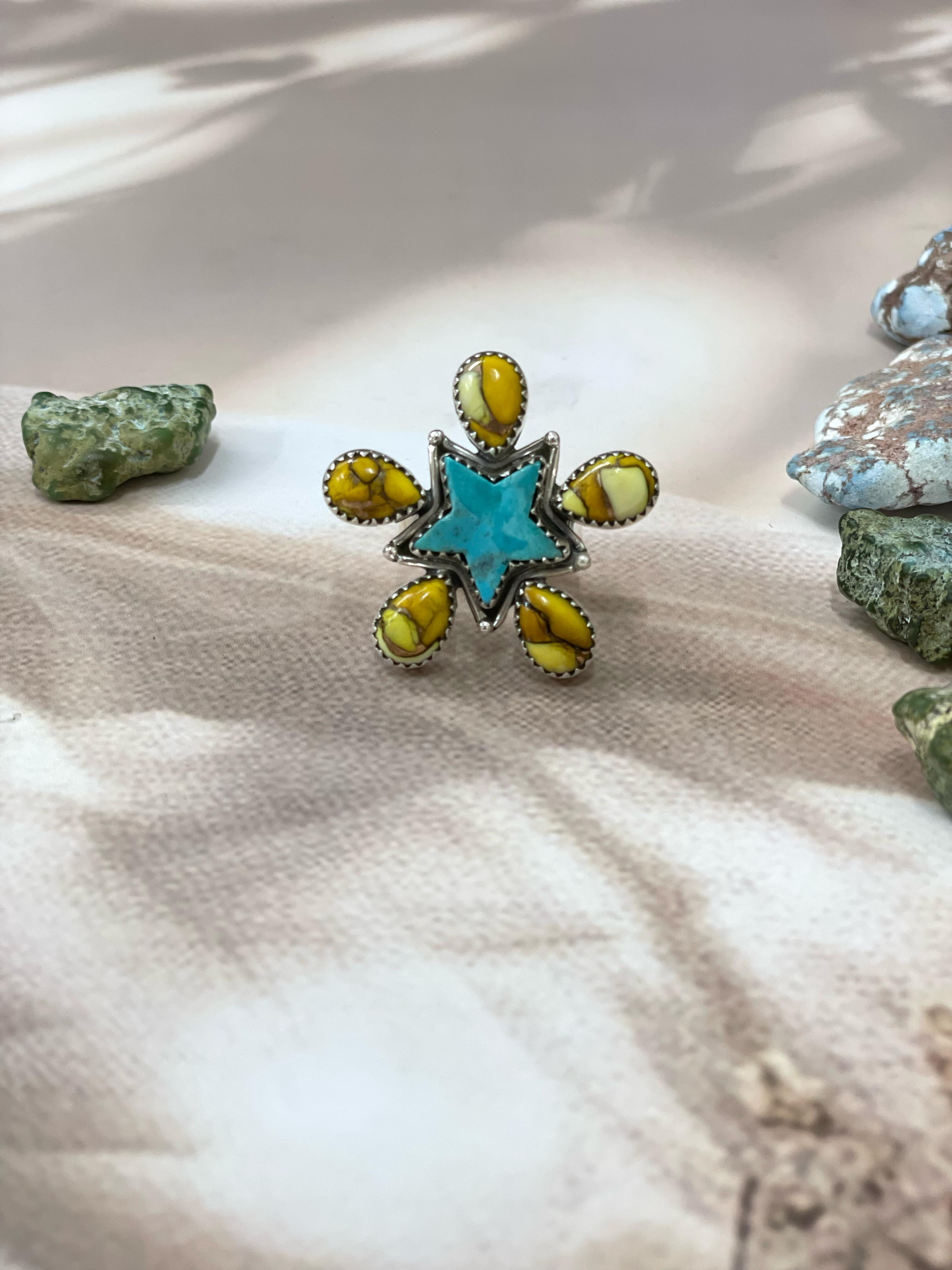 Handmade Sterling Silver Kingman Turquoise, Honey Dahlia Adjustable Ring with Signed Nizhoni