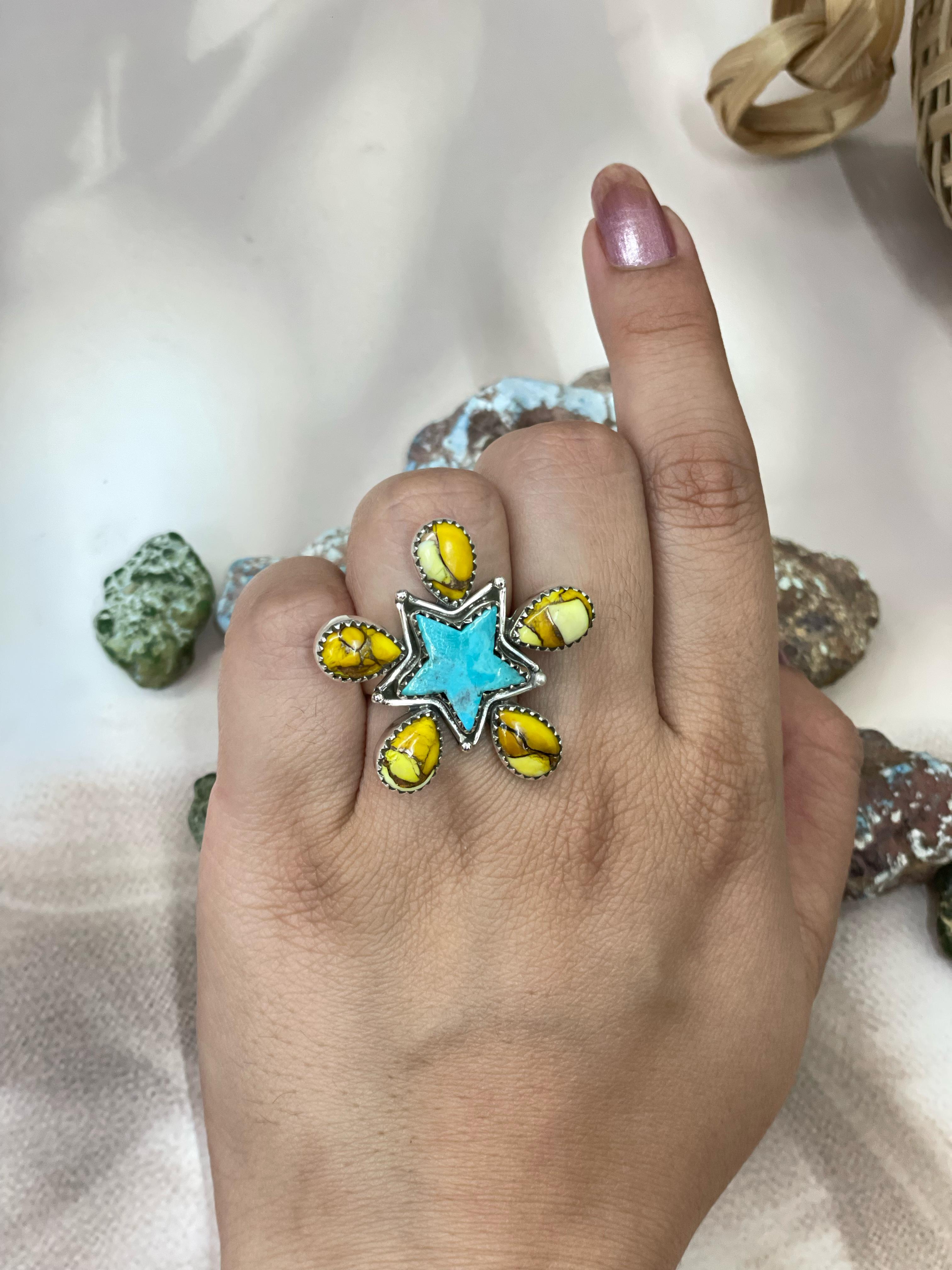 Handmade Sterling Silver Kingman Turquoise, Honey Dahlia Adjustable Ring with Signed Nizhoni