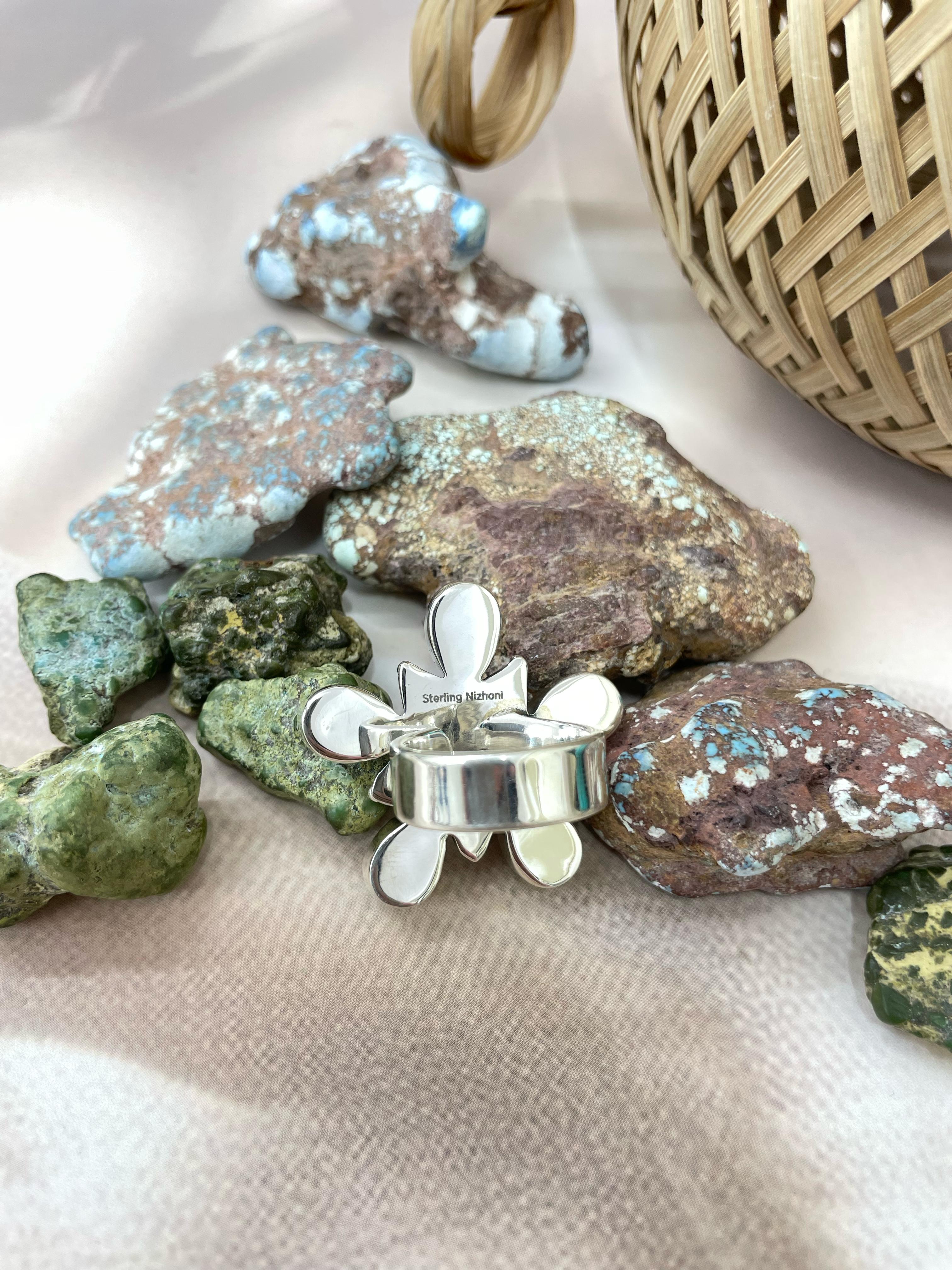 Handmade Sterling Silver Kingman Turquoise, Honey Dahlia Adjustable Ring with Signed Nizhoni