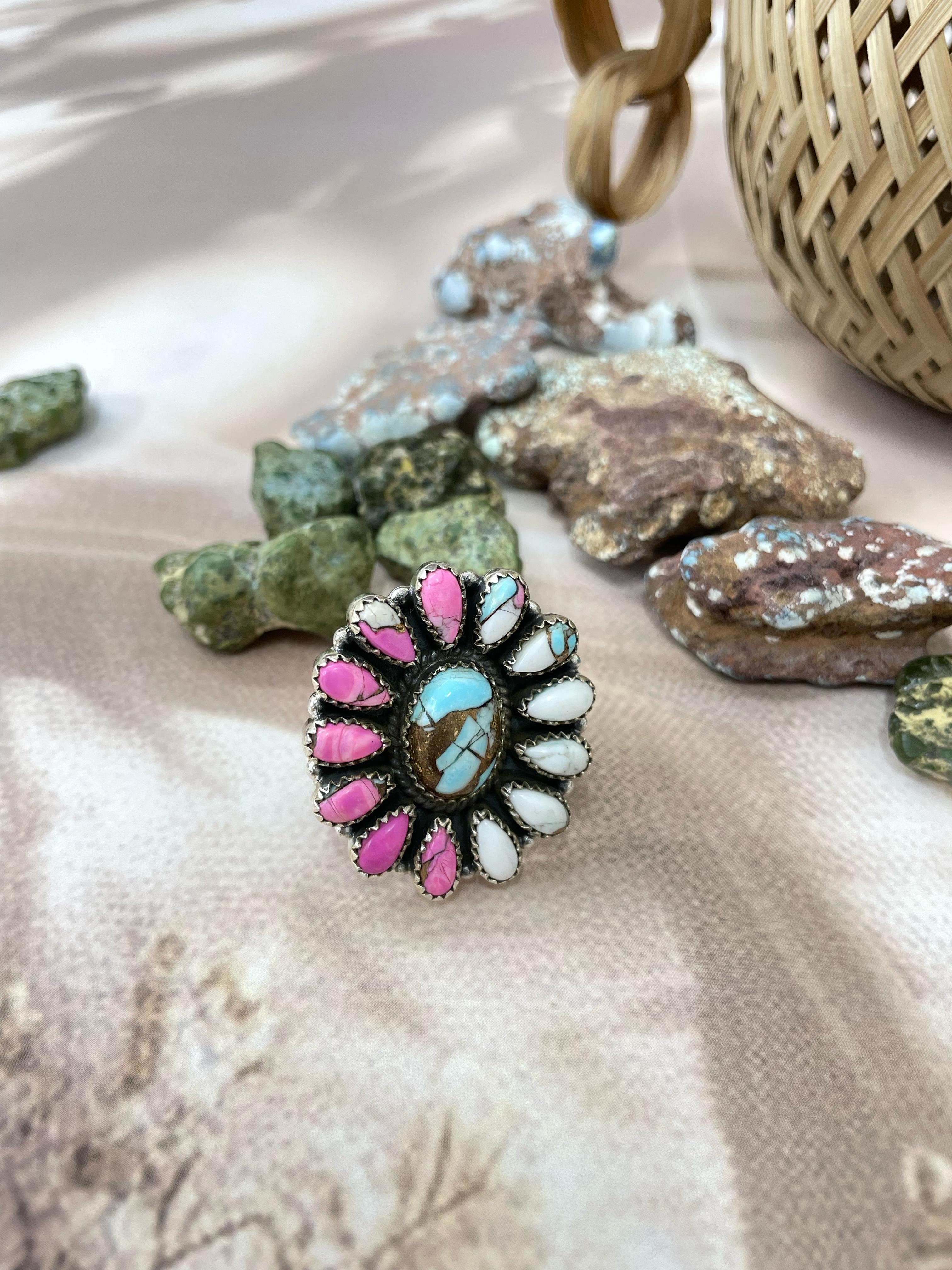 Handmade Sterling Silver Cotton Candy Turquoise Adjustable Ring with Signed Nizhoni