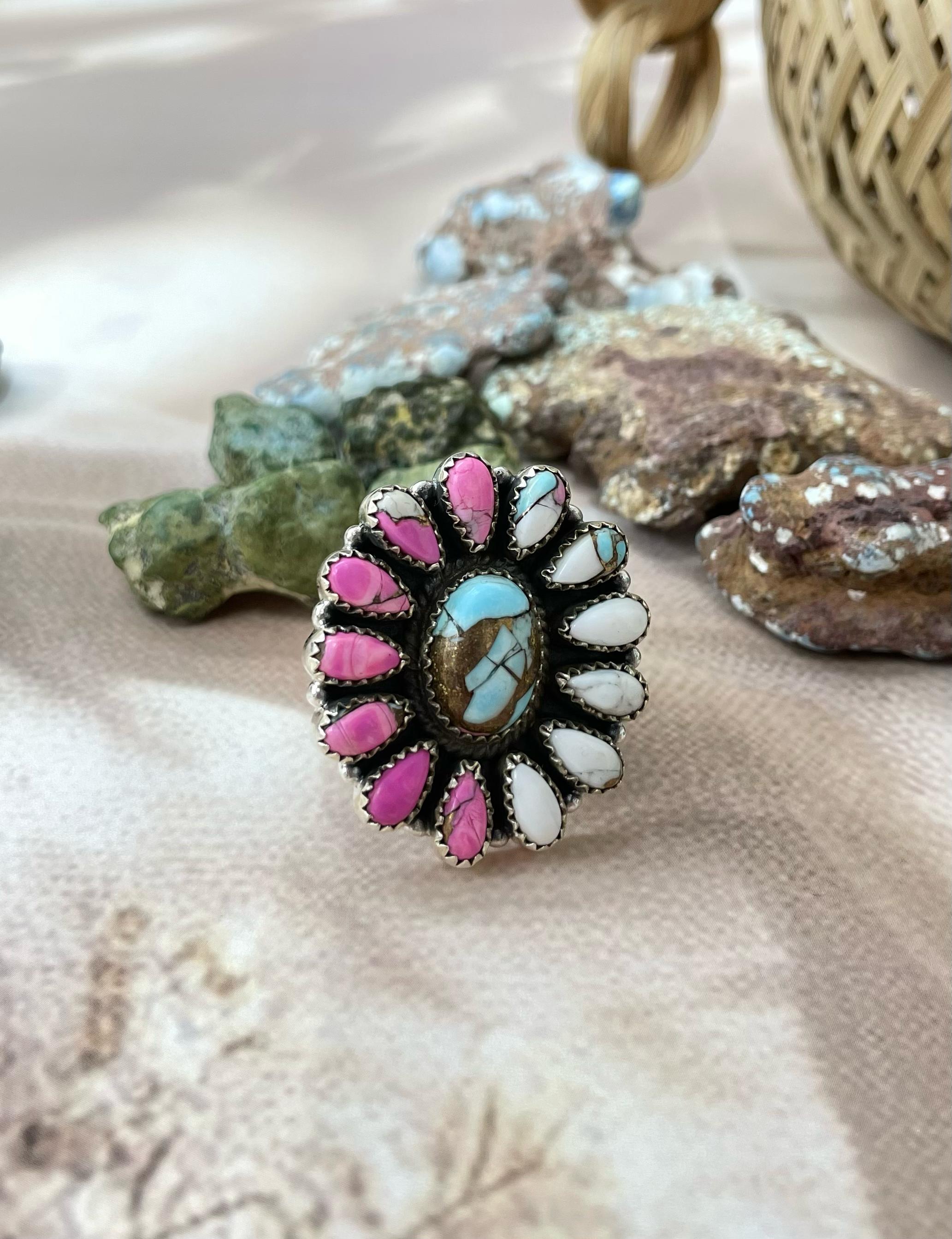 Handmade Sterling Silver Cotton Candy Turquoise Adjustable Ring with Signed Nizhoni
