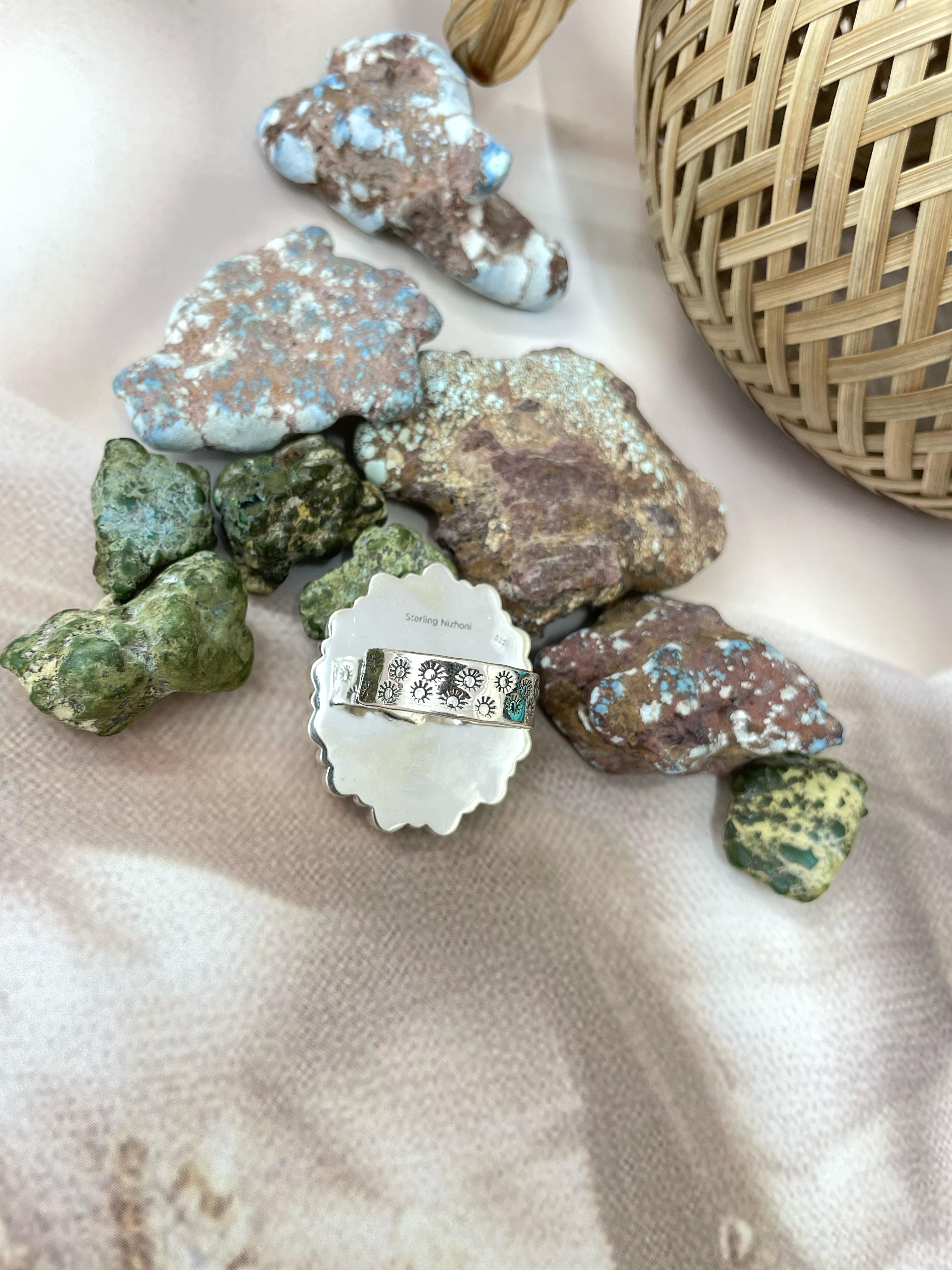 Handmade Sterling Silver Cotton Candy Turquoise Adjustable Ring with Signed Nizhoni