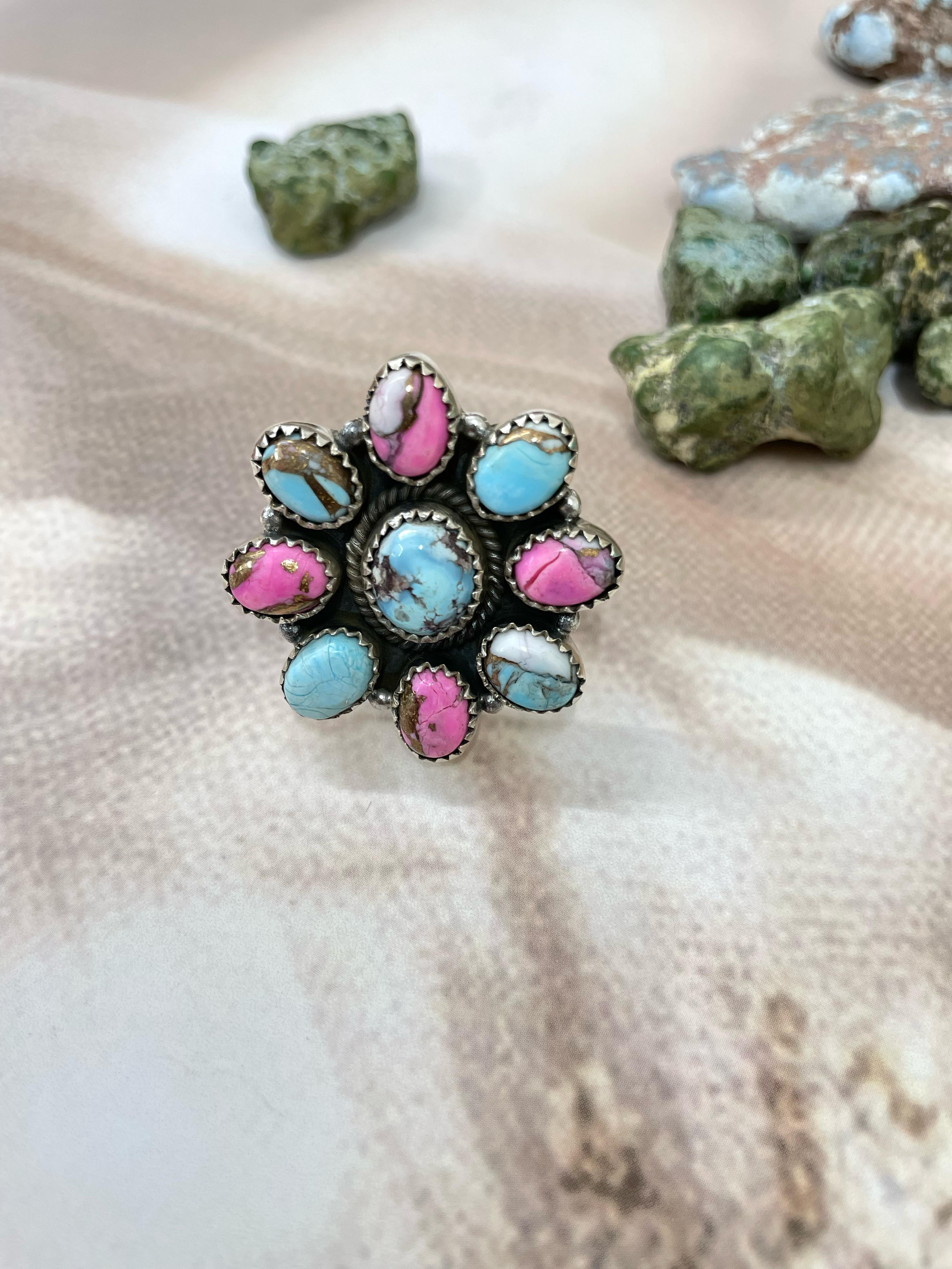 Handmade Sterling Silver Golden Hills, Cotton Candy Turquoise Adjustable Ring with Signed Nizhoni