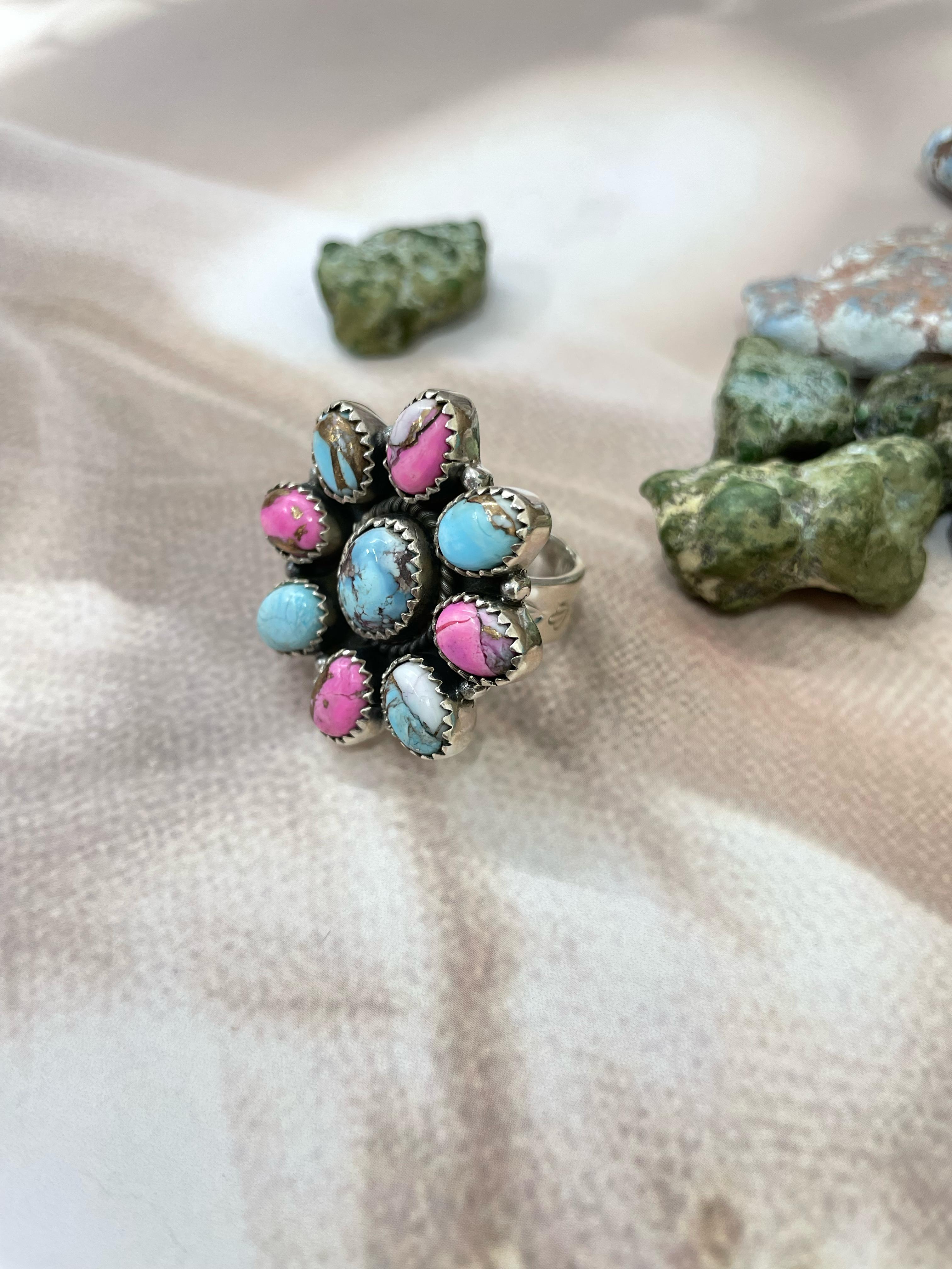 Handmade Sterling Silver Golden Hills, Cotton Candy Turquoise Adjustable Ring with Signed Nizhoni