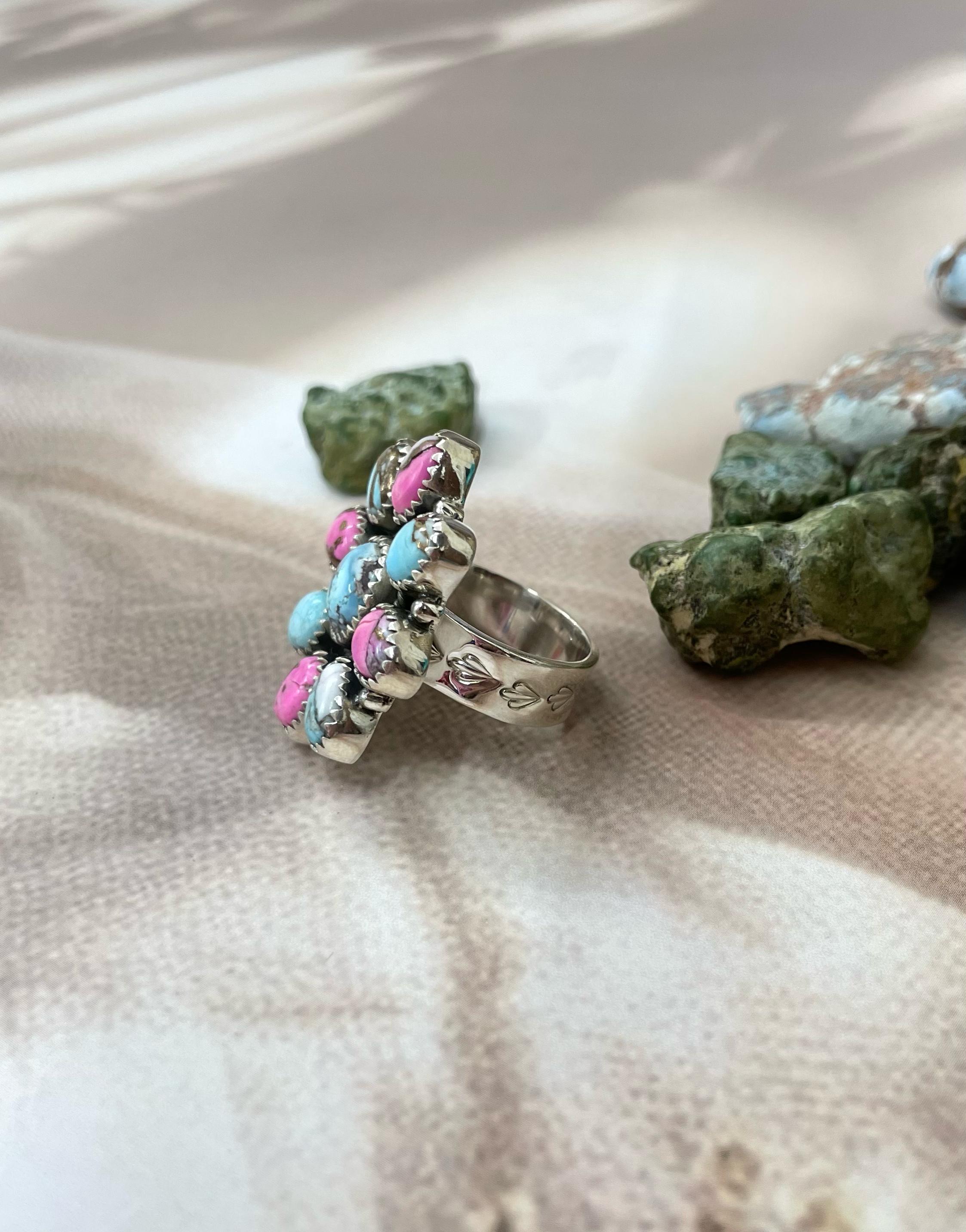 Handmade Sterling Silver Golden Hills, Cotton Candy Turquoise Adjustable Ring with Signed Nizhoni