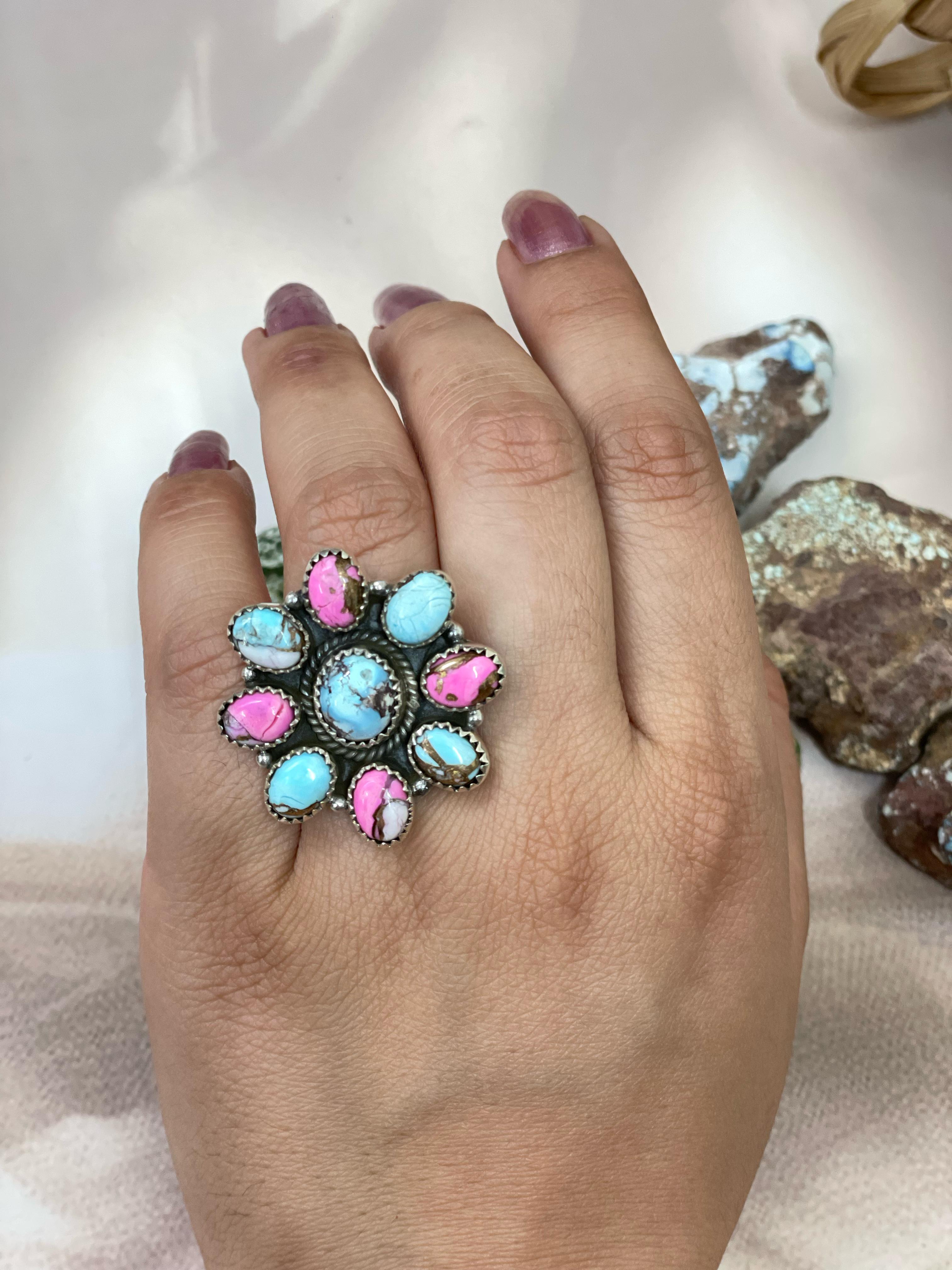 Handmade Sterling Silver Golden Hills, Cotton Candy Turquoise Adjustable Ring with Signed Nizhoni