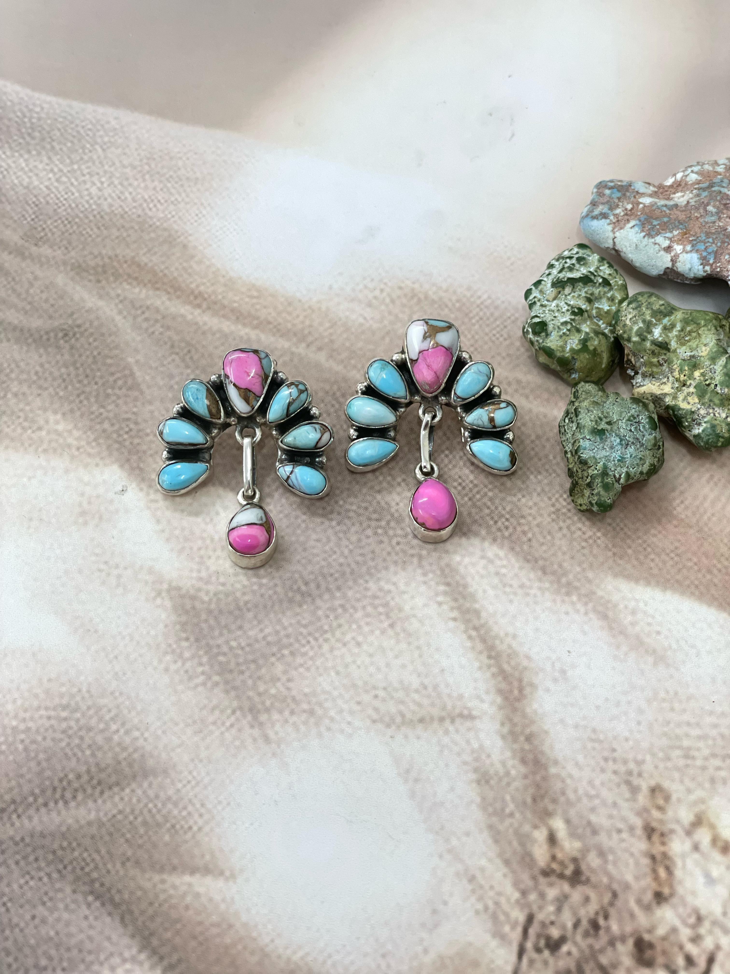 Handmade Sterling Silver Cotton Candy Turquoise Dangles Earrings with Signed Nizhoni