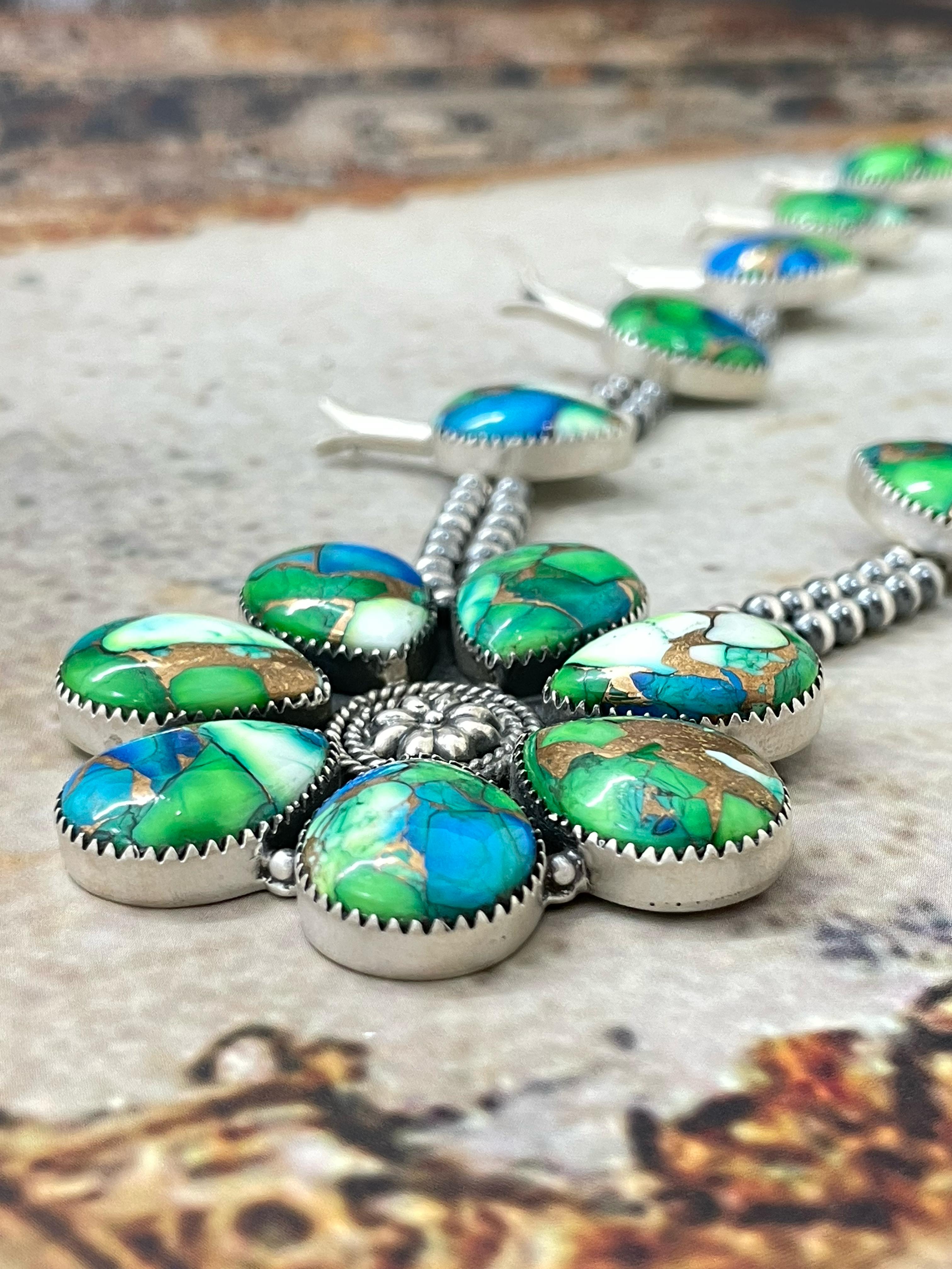 Handmade Sterling Silver Peacock Dahlia Cluster Necklace with Signed Nizhoni