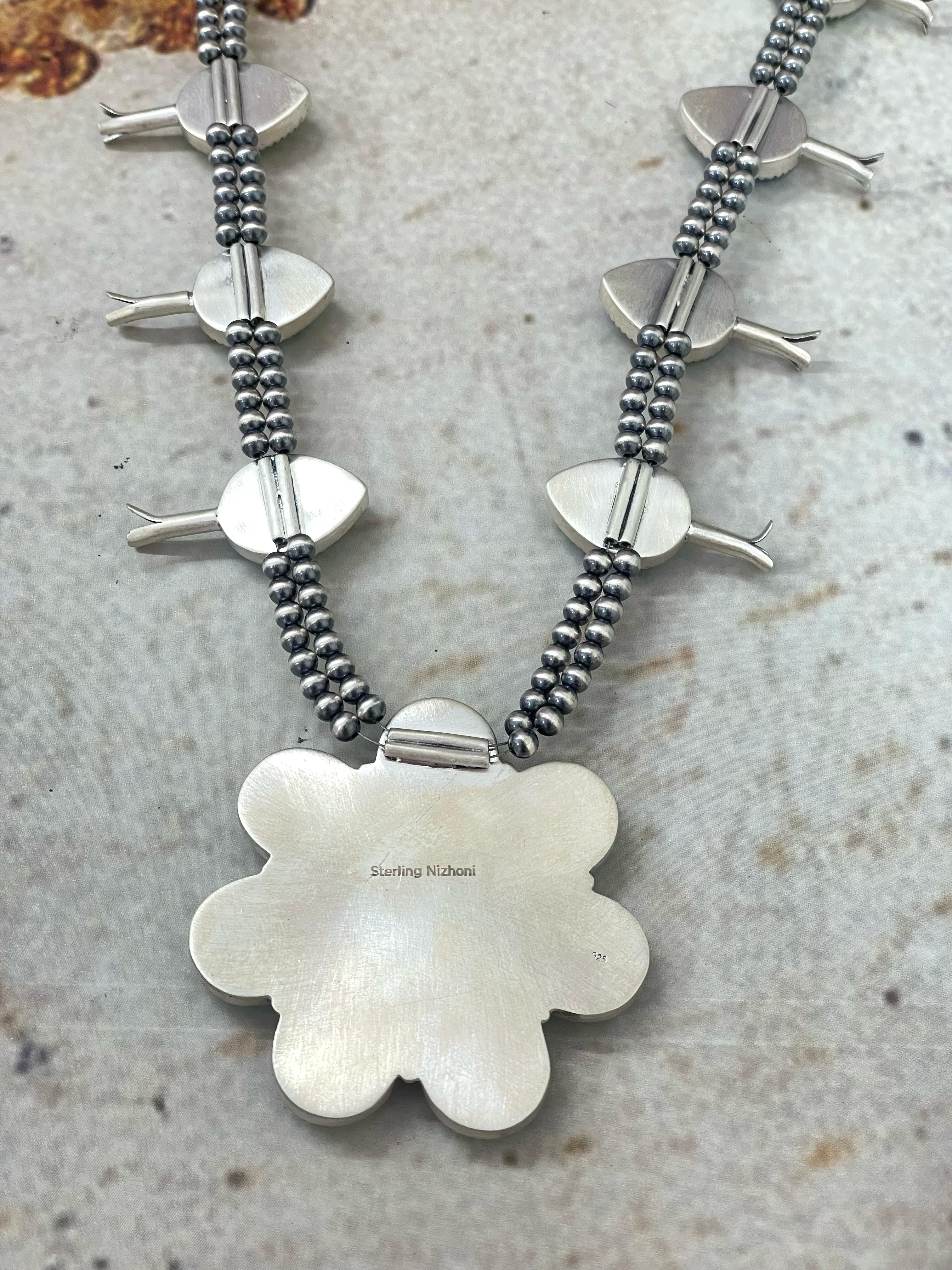 Handmade Sterling Silver Peacock Dahlia Cluster Necklace with Signed Nizhoni