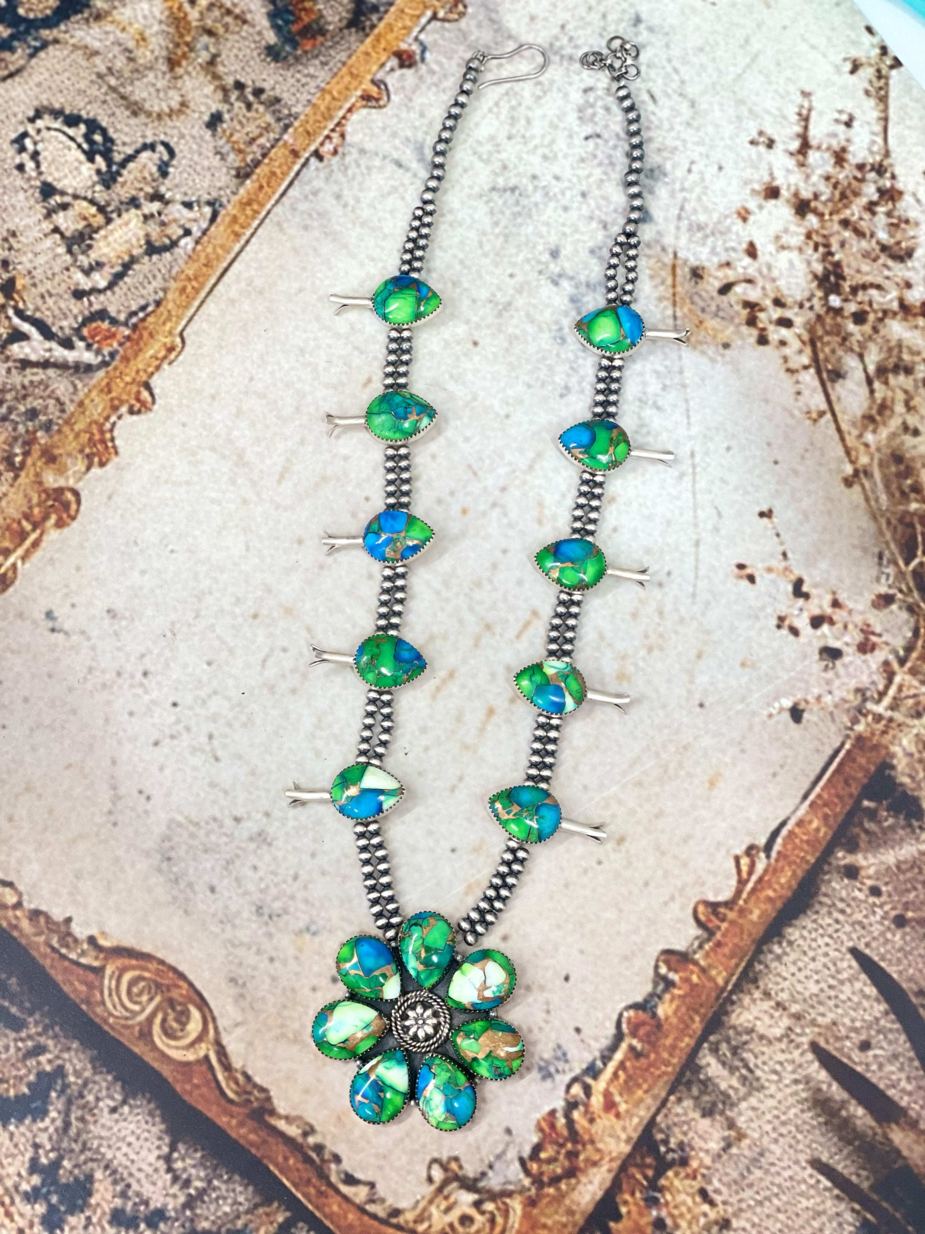 Handmade Sterling Silver Peacock Dahlia Cluster Necklace with Signed Nizhoni