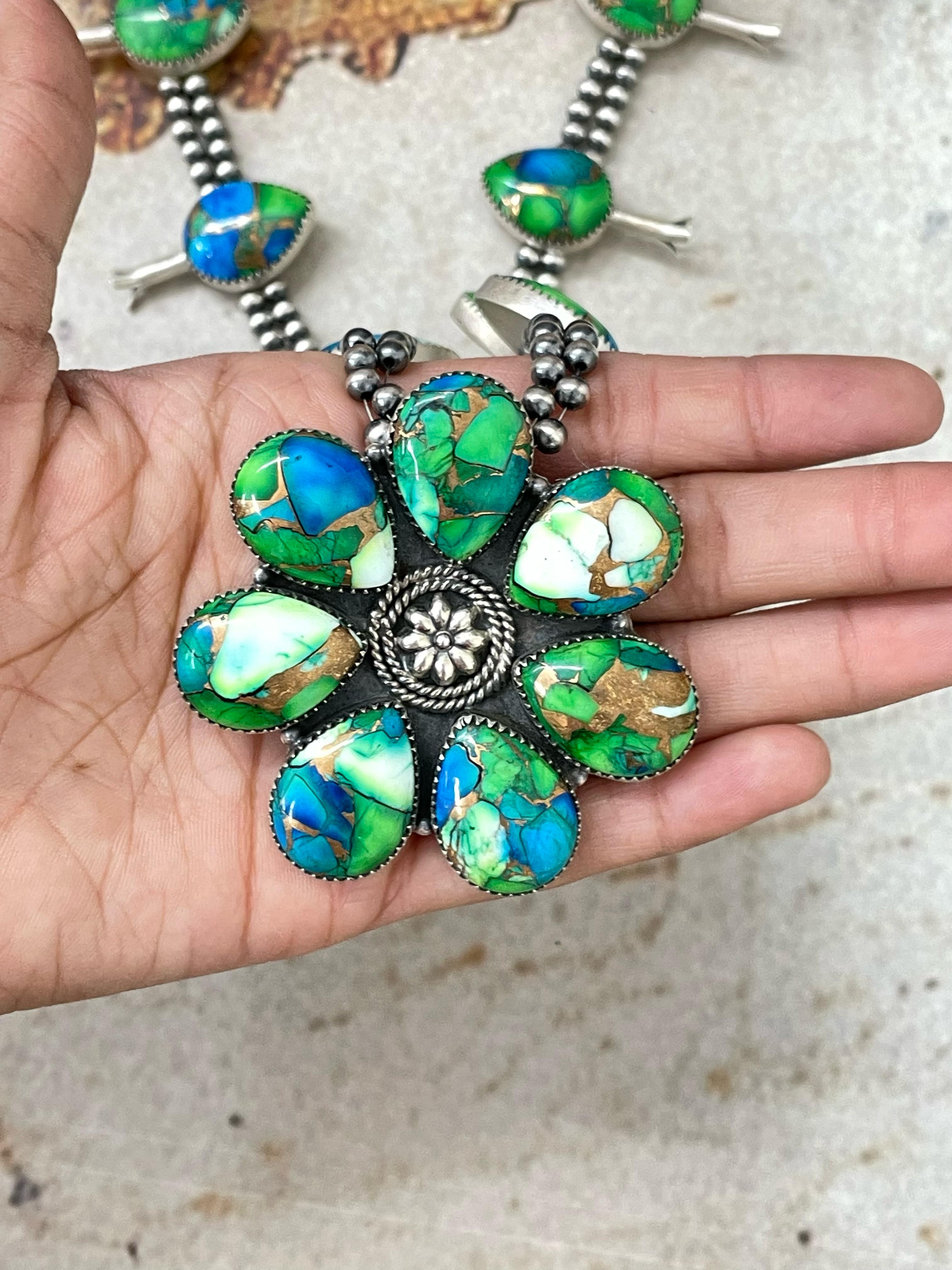 Handmade Sterling Silver Peacock Dahlia Cluster Necklace with Signed Nizhoni