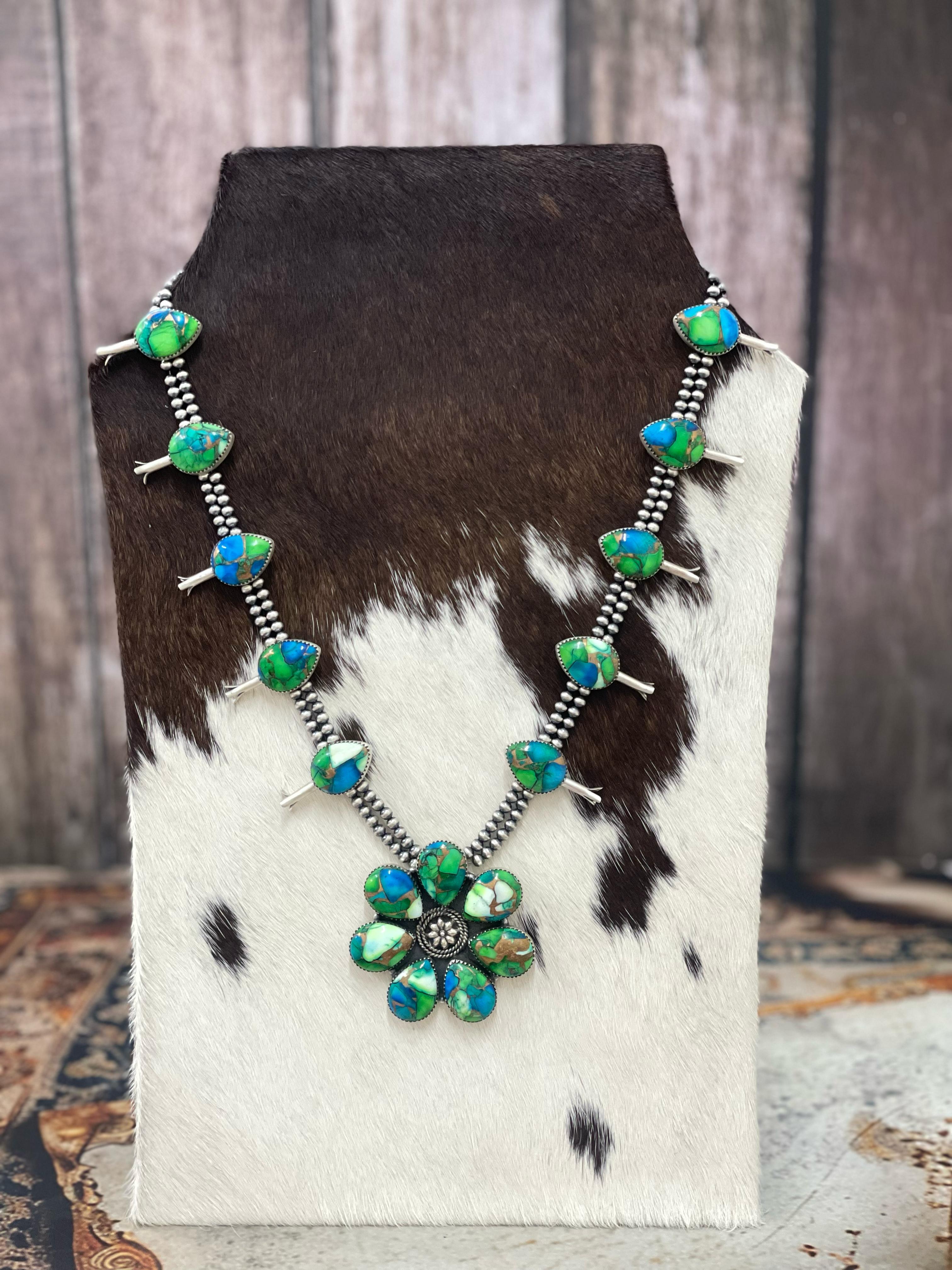 Handmade Sterling Silver Peacock Dahlia Cluster Necklace with Signed Nizhoni