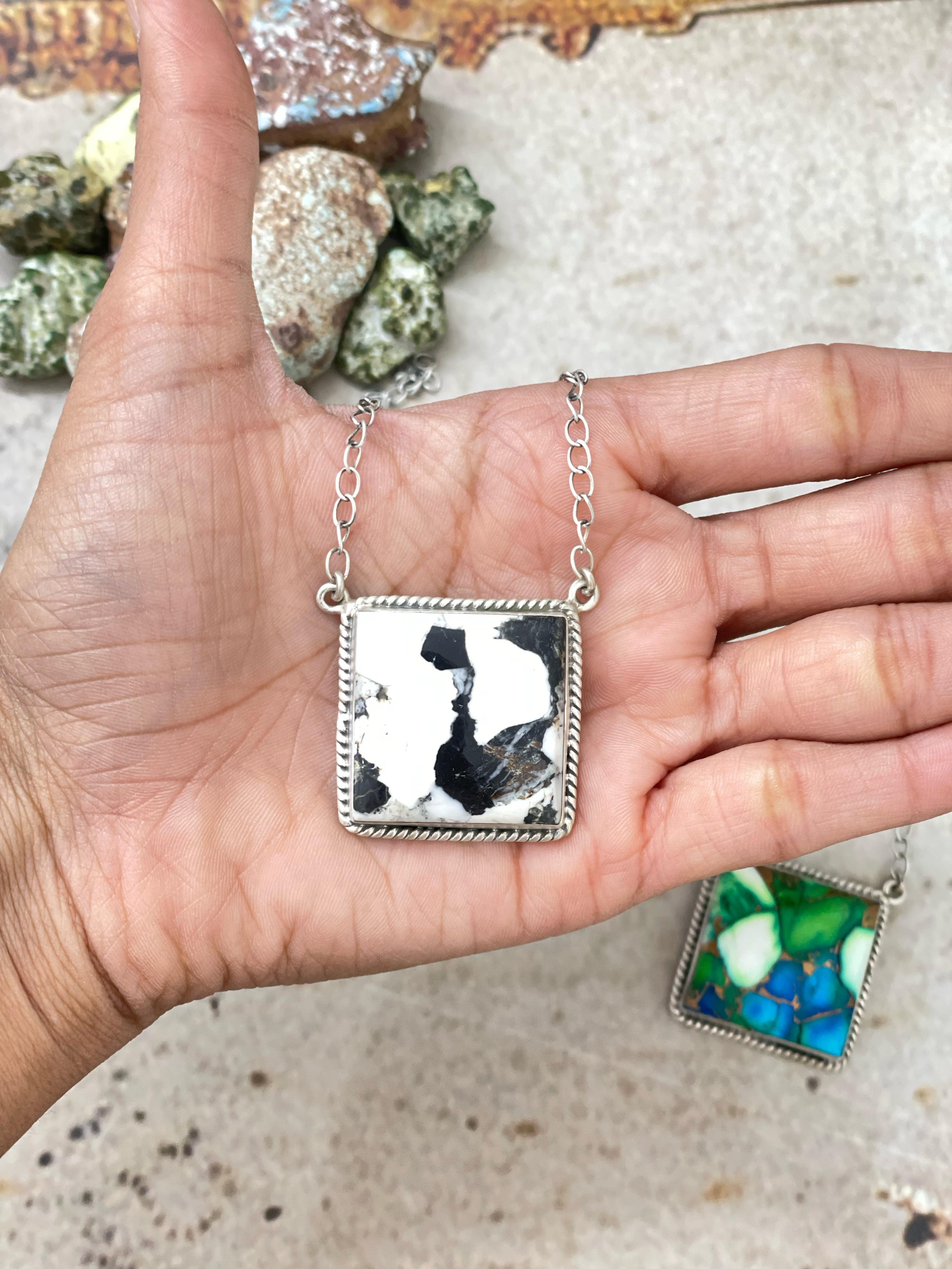 Handmade Sterling Silver White Buffalo, Peacock Dahlia Square Necklace, Signed Nizhoni