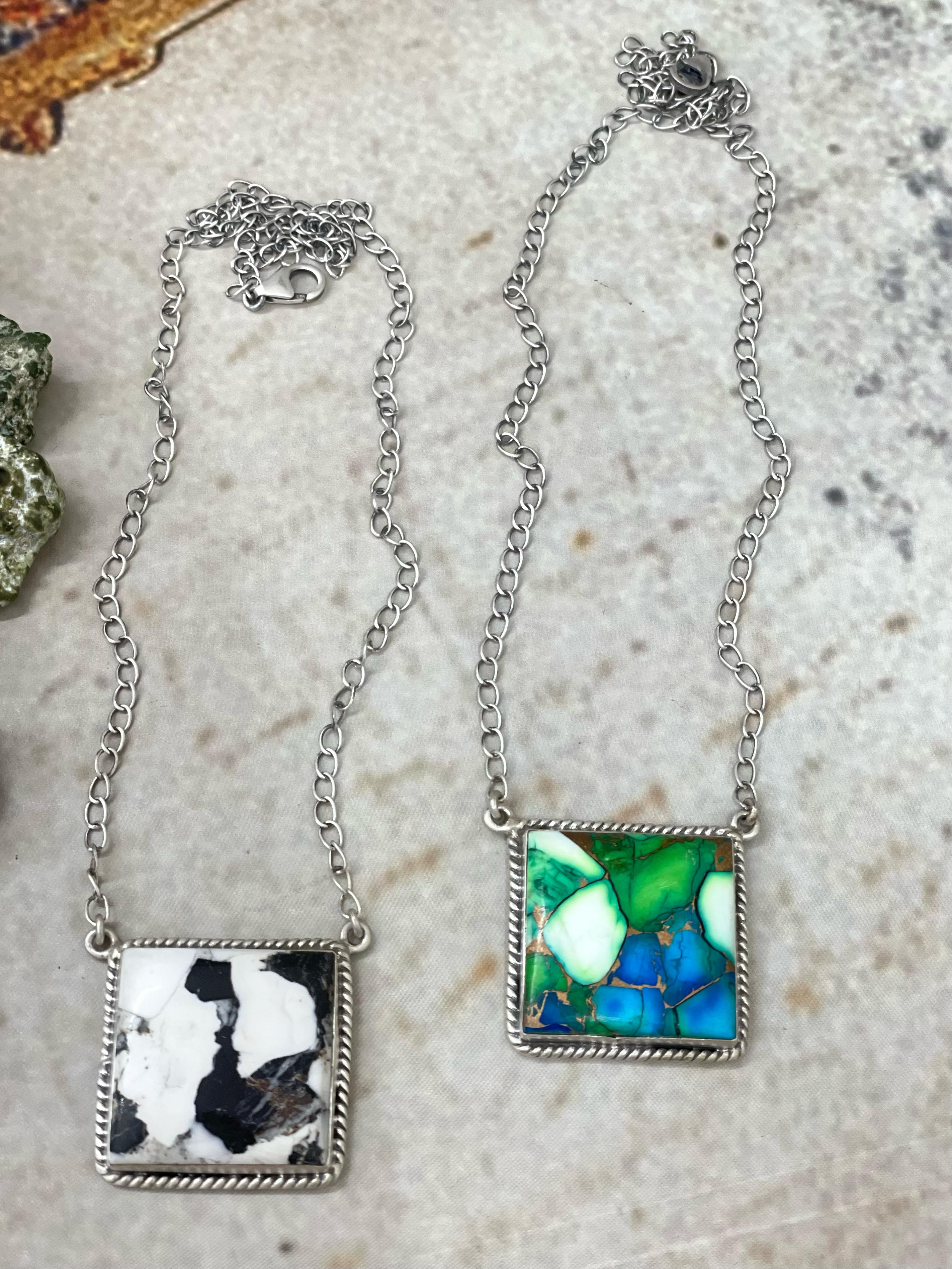 Handmade Sterling Silver White Buffalo, Peacock Dahlia Square Necklace, Signed Nizhoni