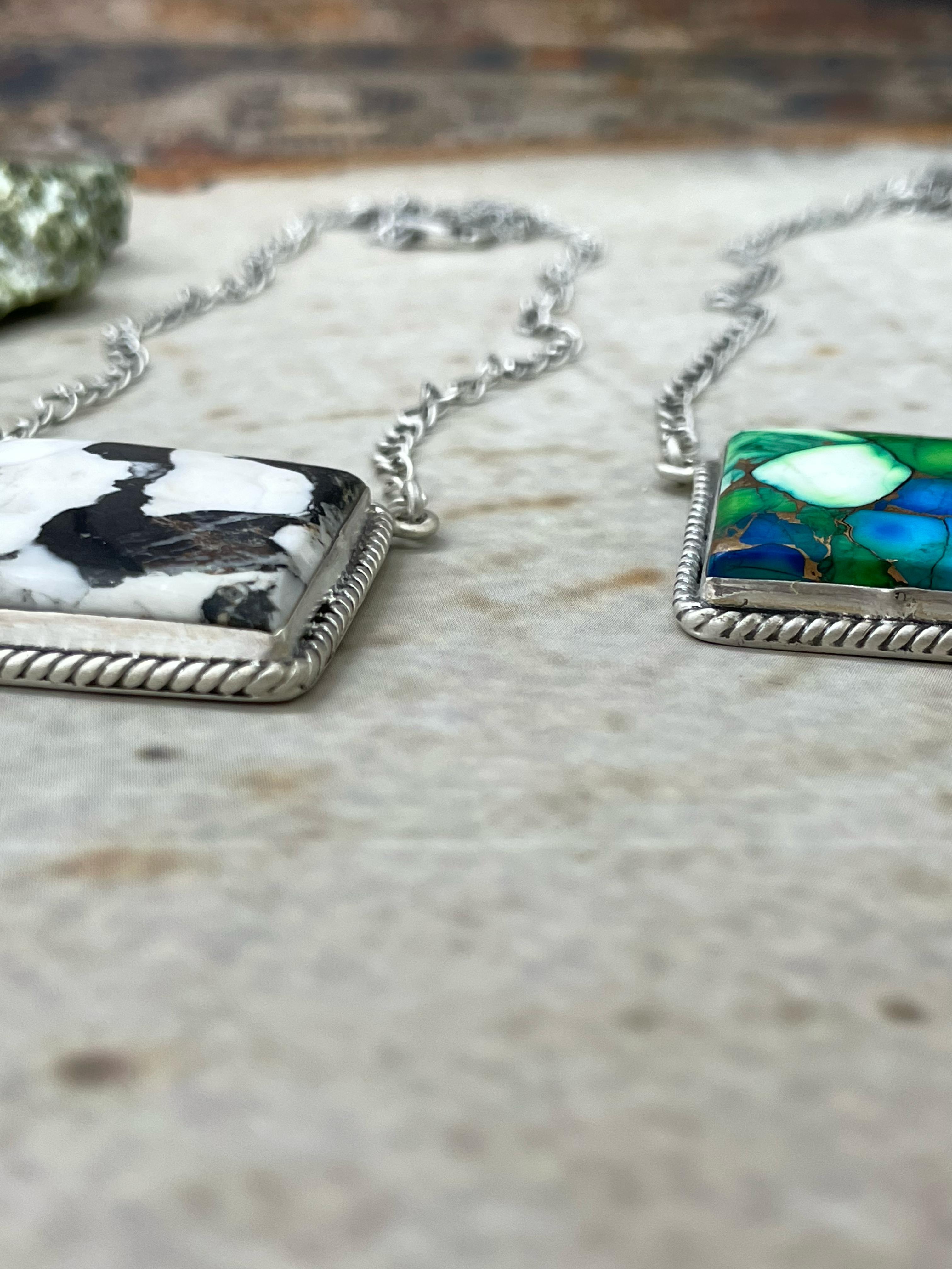 Handmade Sterling Silver White Buffalo, Peacock Dahlia Square Necklace, Signed Nizhoni