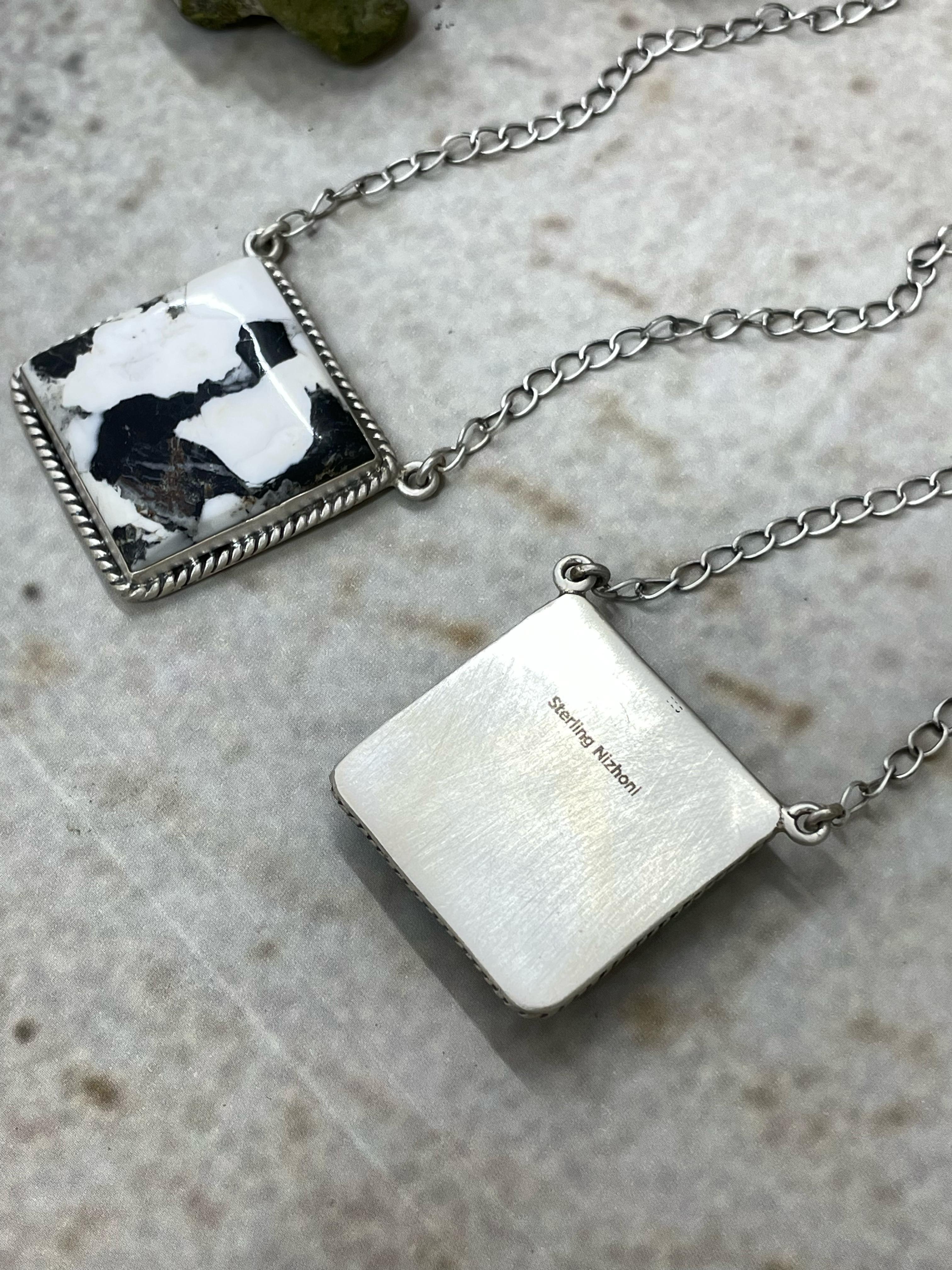 Handmade Sterling Silver White Buffalo, Peacock Dahlia Square Necklace, Signed Nizhoni