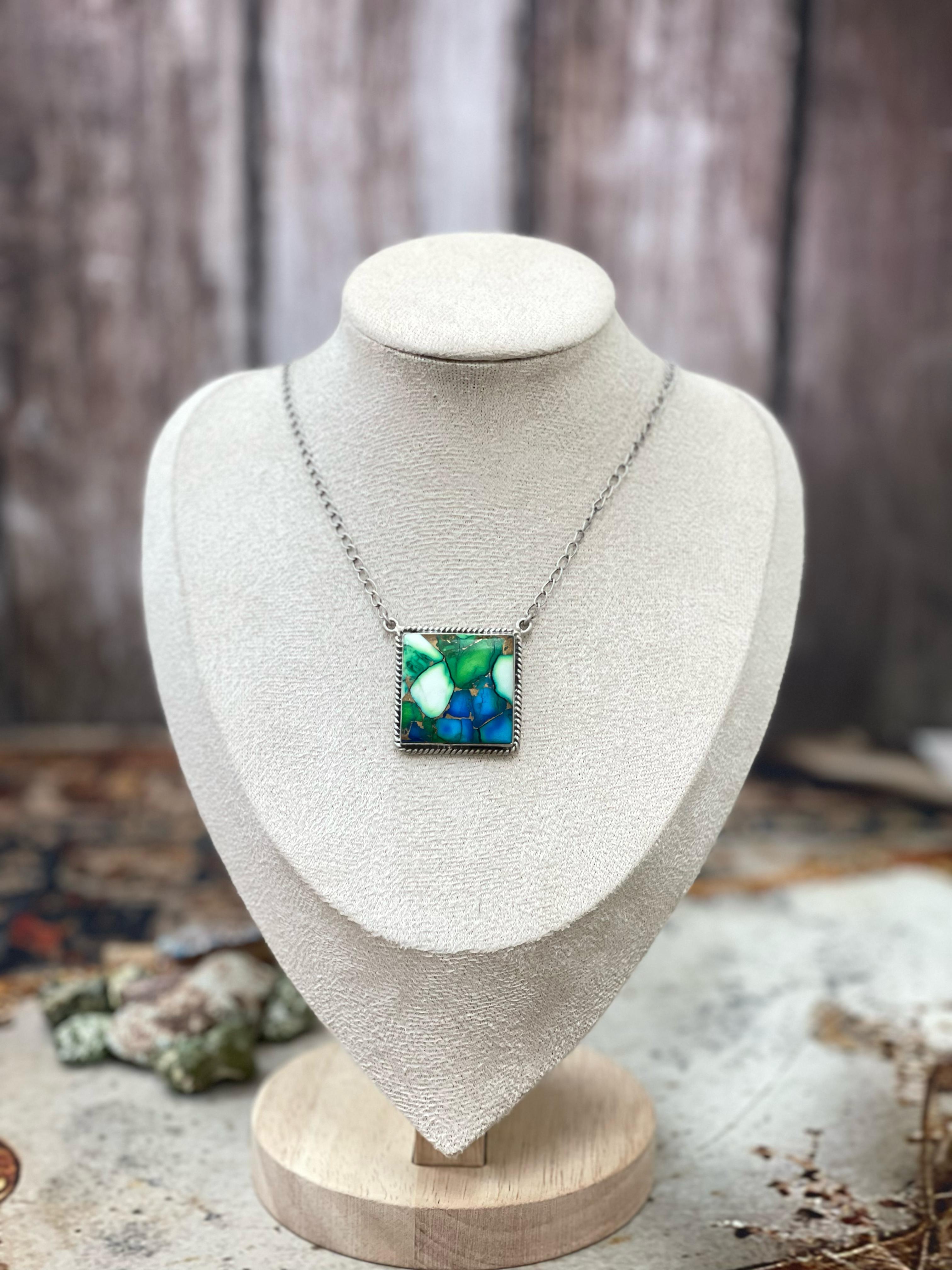 Handmade Sterling Silver White Buffalo, Peacock Dahlia Square Necklace, Signed Nizhoni