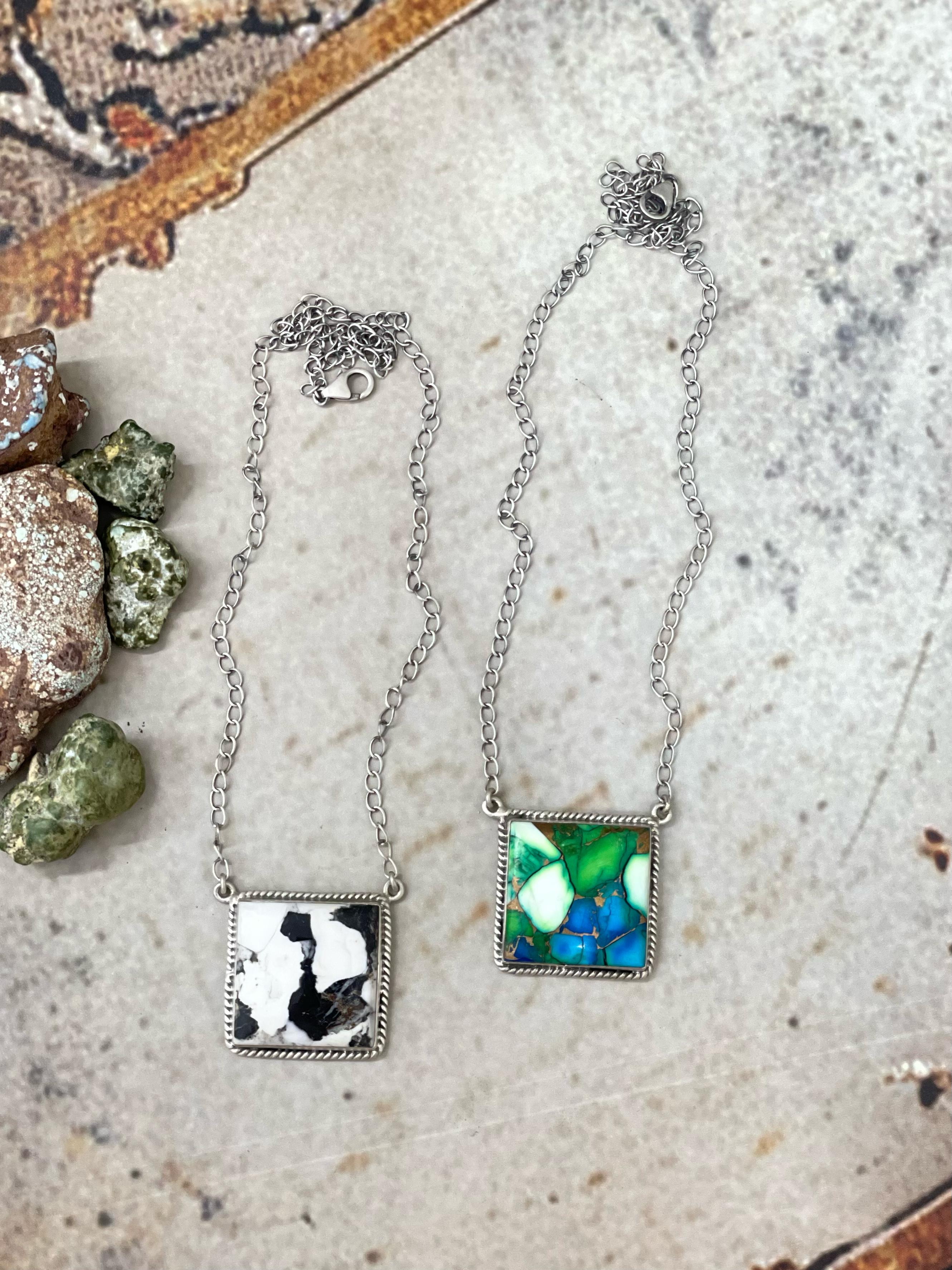 Handmade Sterling Silver White Buffalo, Peacock Dahlia Square Necklace, Signed Nizhoni