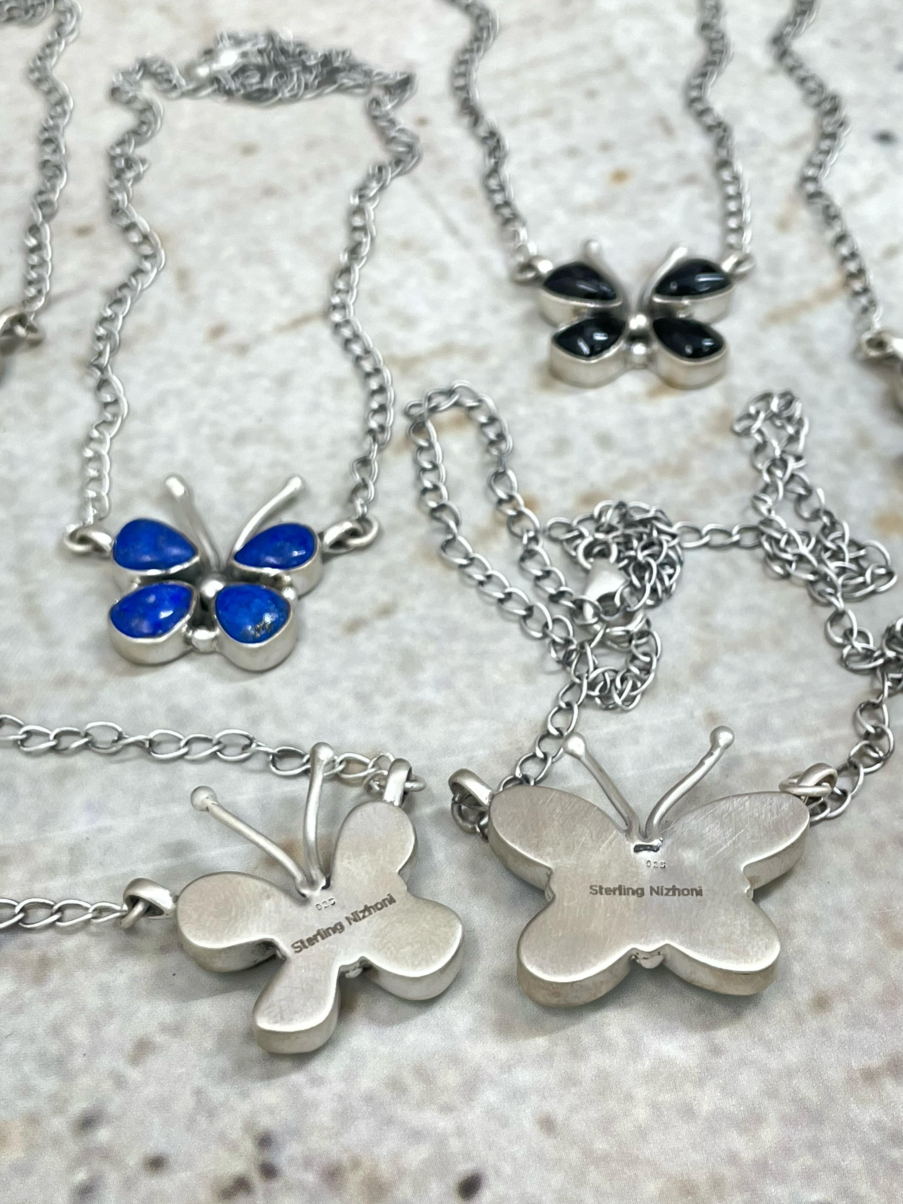Handmade Sterling Silver Multi Stone Butterfly Necklace with Signed Nizhoni