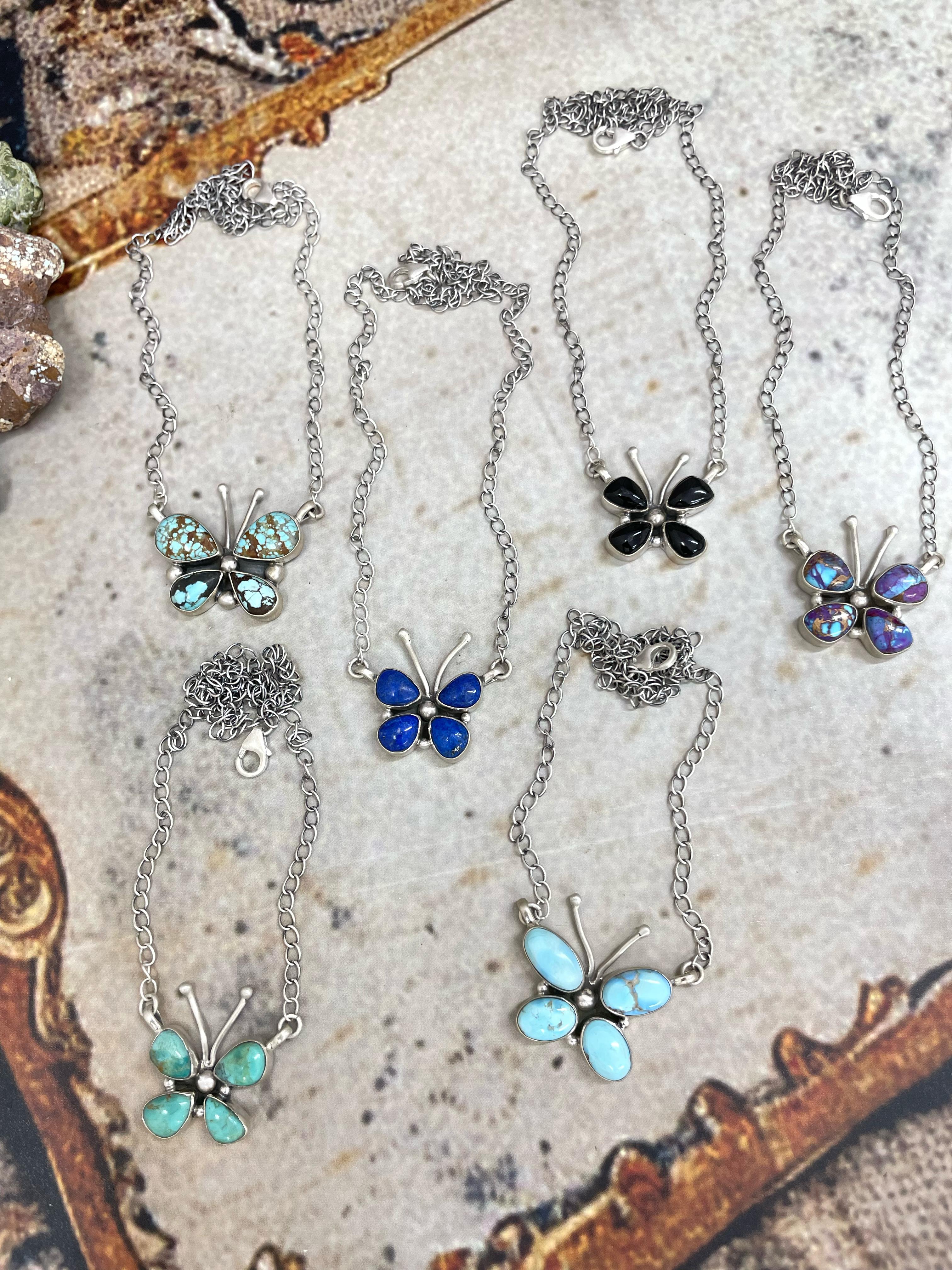 Handmade Sterling Silver Multi Stone Butterfly Necklace with Signed Nizhoni