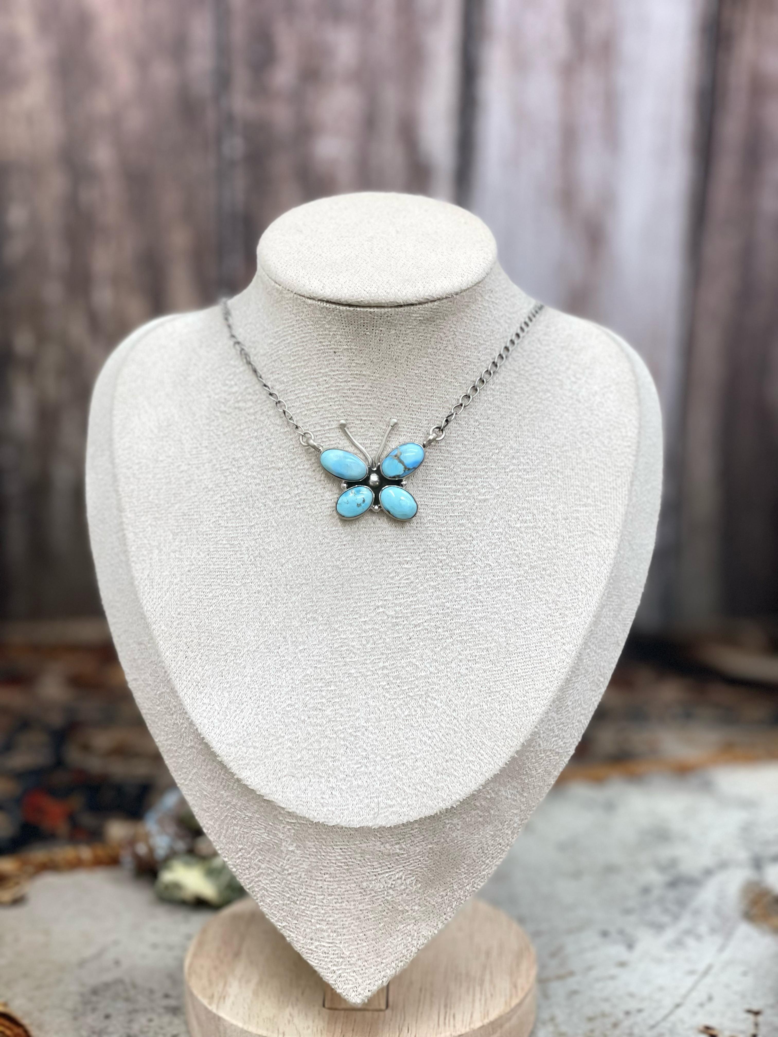 Handmade Sterling Silver Multi Stone Butterfly Necklace with Signed Nizhoni