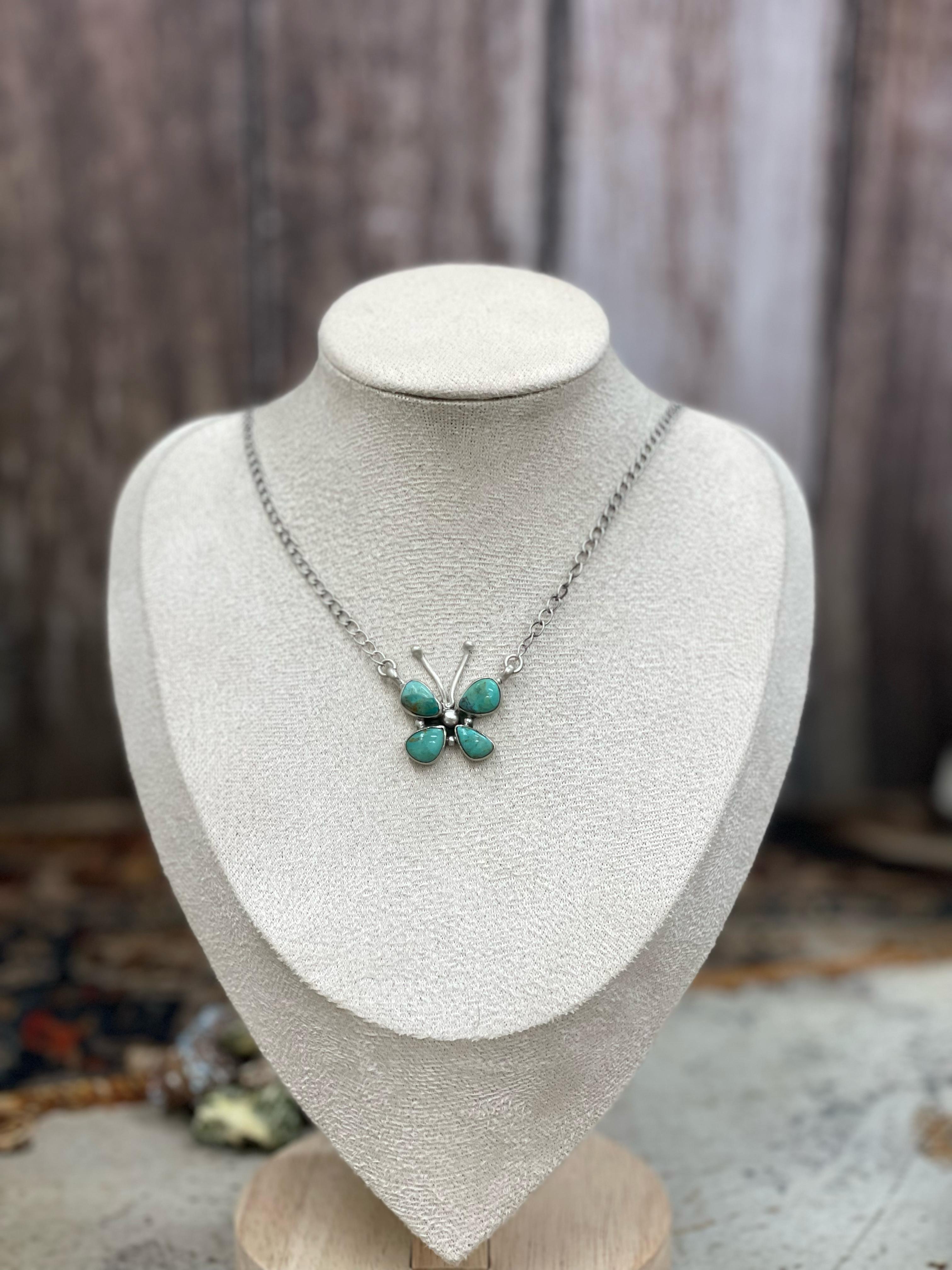 Handmade Sterling Silver Multi Stone Butterfly Necklace with Signed Nizhoni