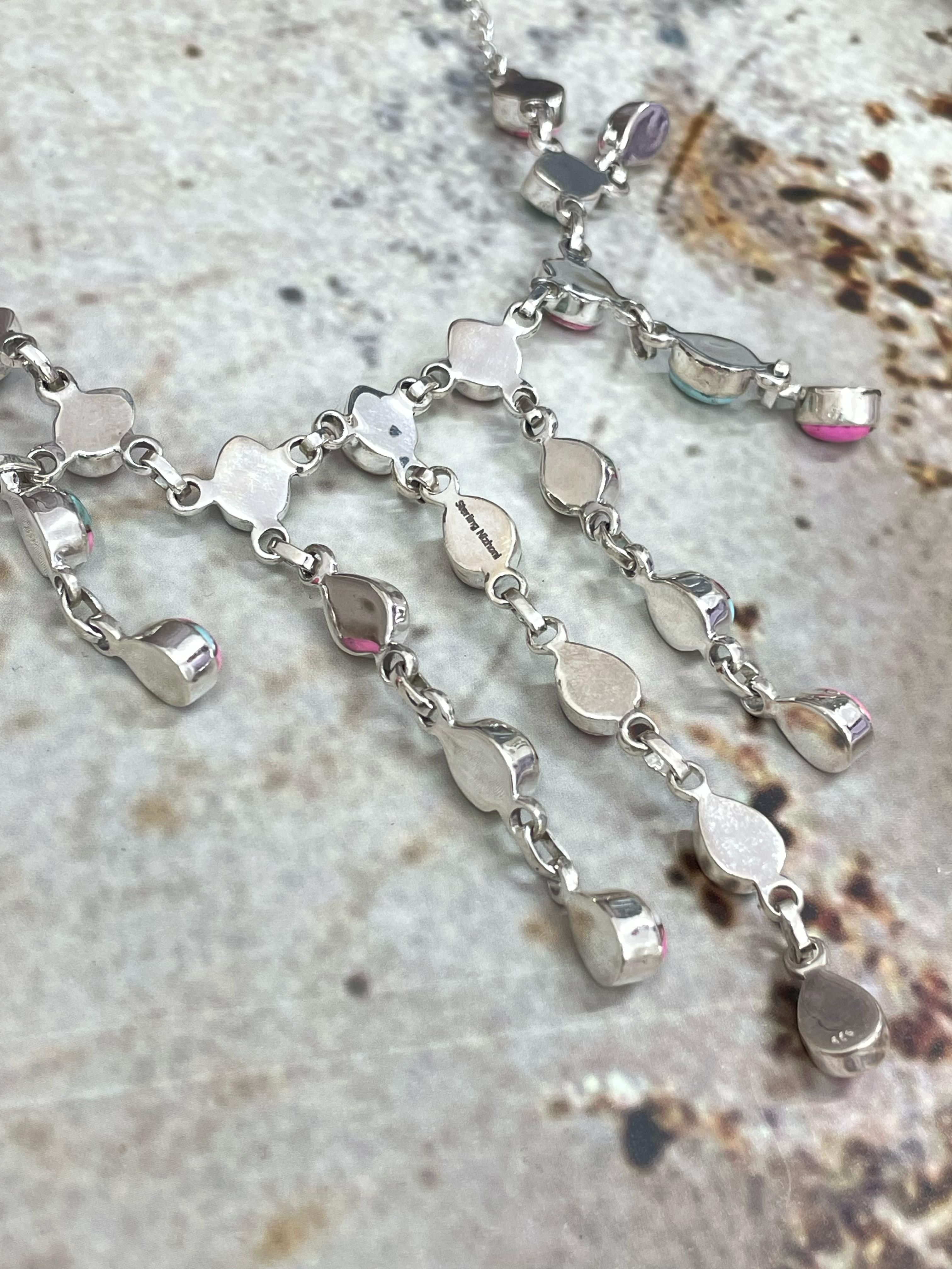 Handmade Sterling Silver Cotton Candy Drop Turquoise Necklace with Signed Nizhoni