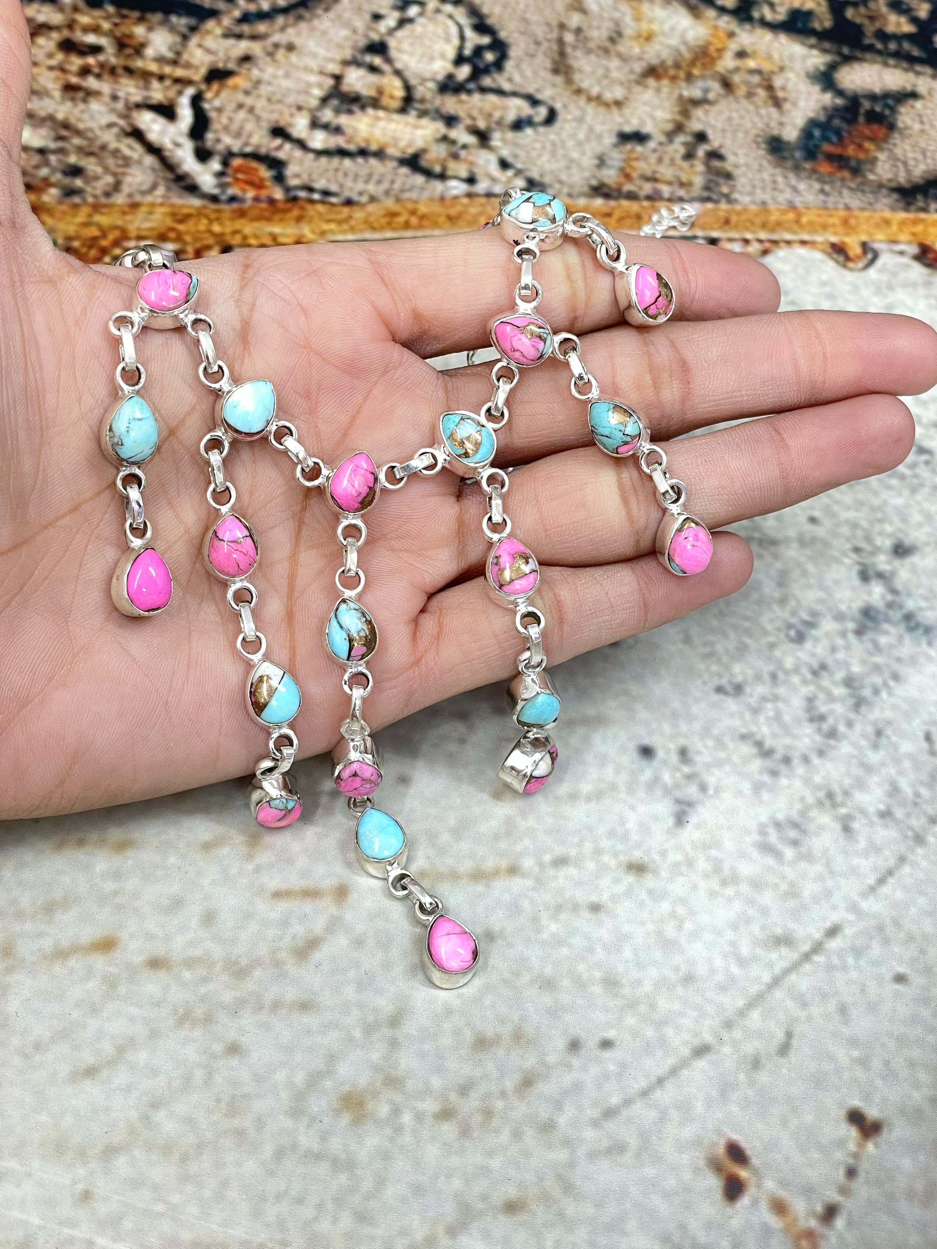 Handmade Sterling Silver Cotton Candy Drop Turquoise Necklace, Signed Nizhoni