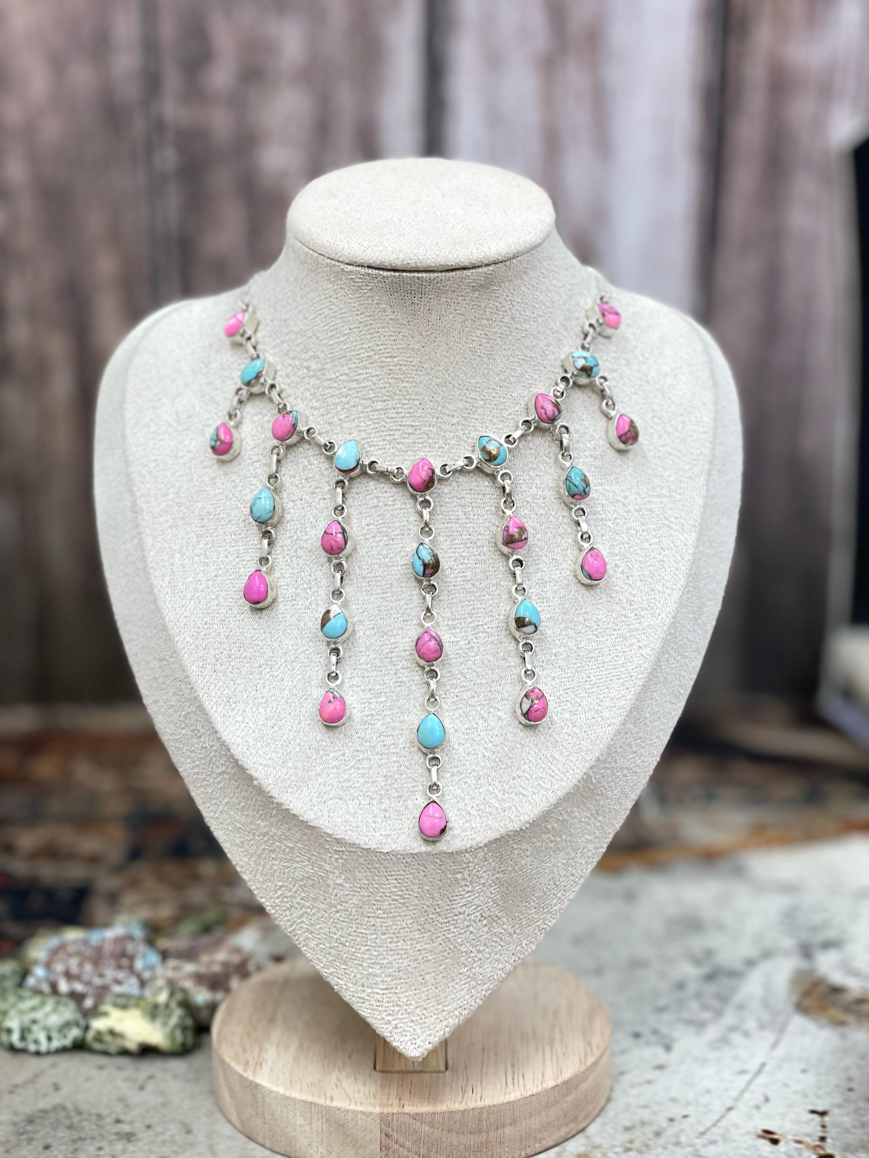 Handmade Sterling Silver Cotton Candy Drop Turquoise Necklace with Signed Nizhoni