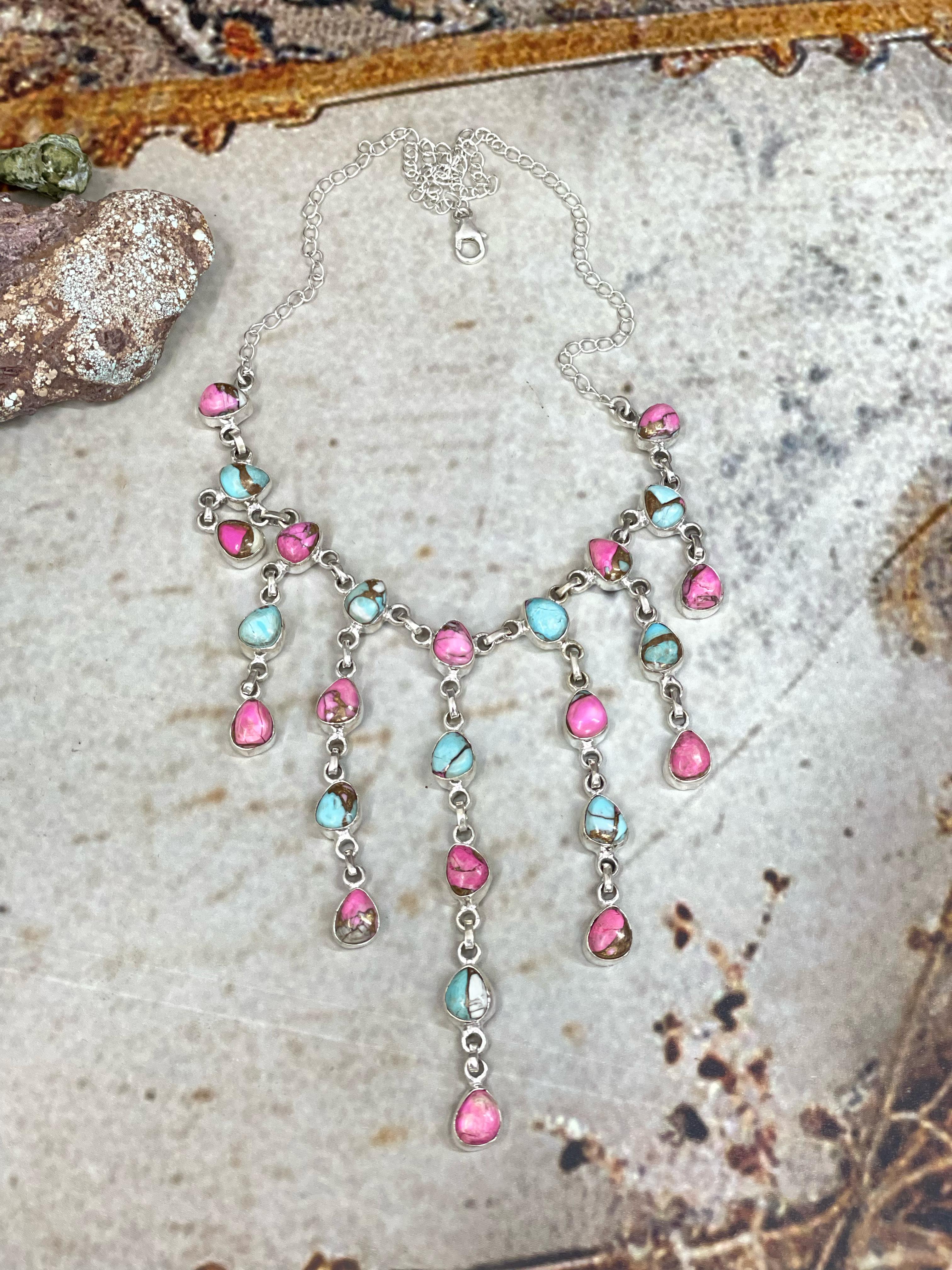 Handmade Sterling Silver Cotton Candy Drop Turquoise Necklace with Signed Nizhoni