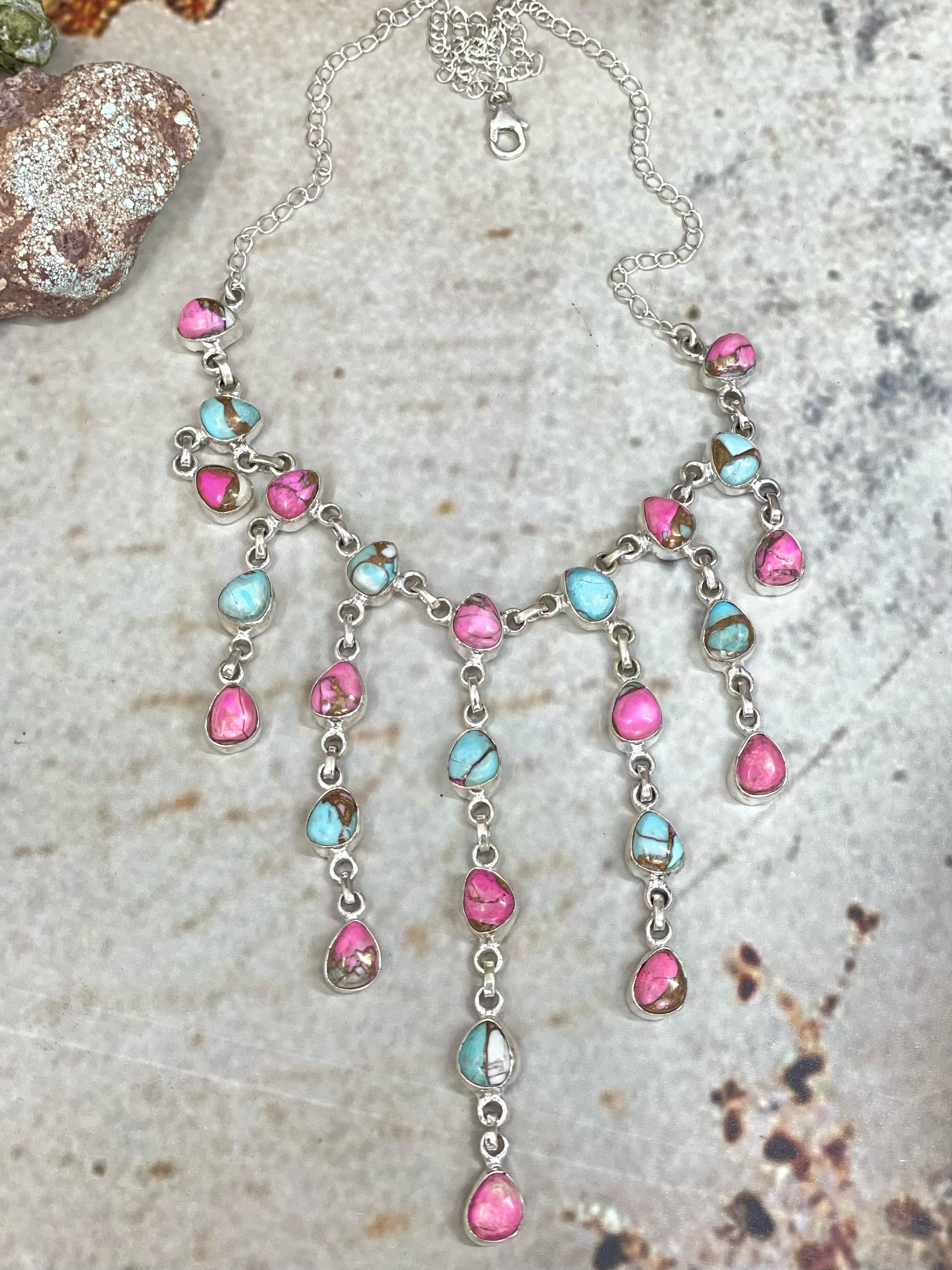 Handmade Sterling Silver Cotton Candy Drop Turquoise Necklace with Signed Nizhoni