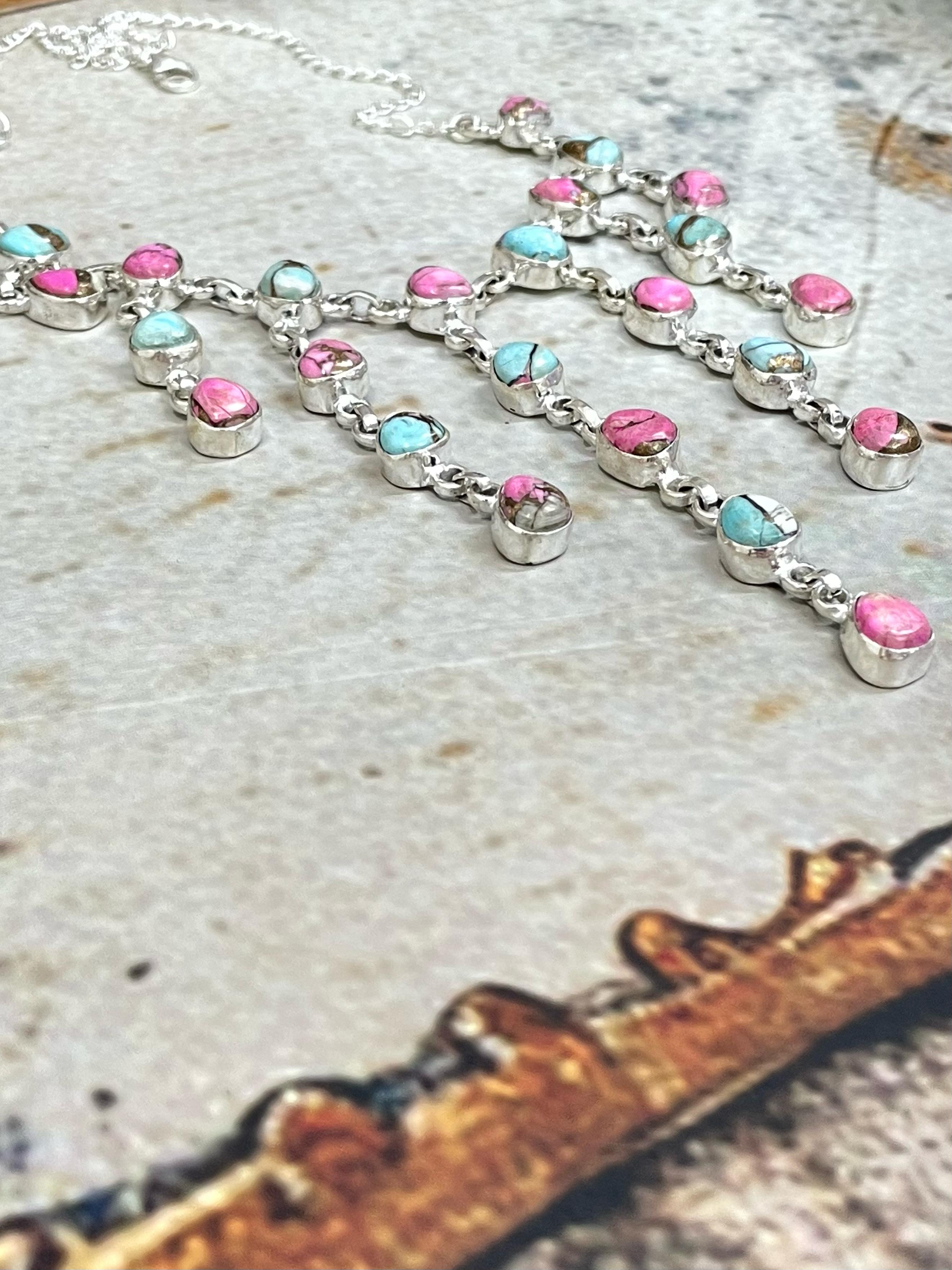 Handmade Sterling Silver Cotton Candy Drop Turquoise Necklace with Signed Nizhoni