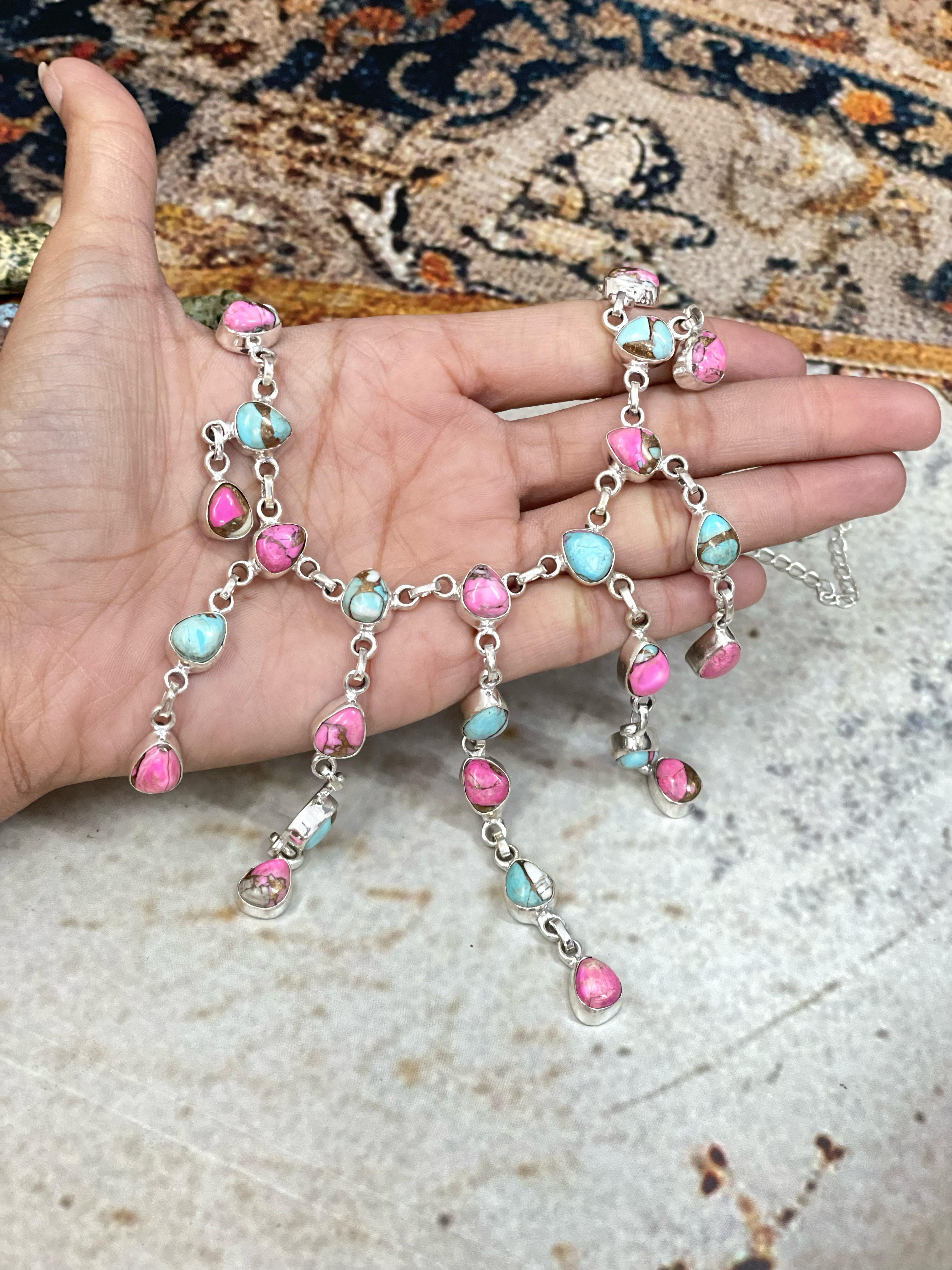 Handmade Sterling Silver Cotton Candy Drop Turquoise Necklace with Signed Nizhoni