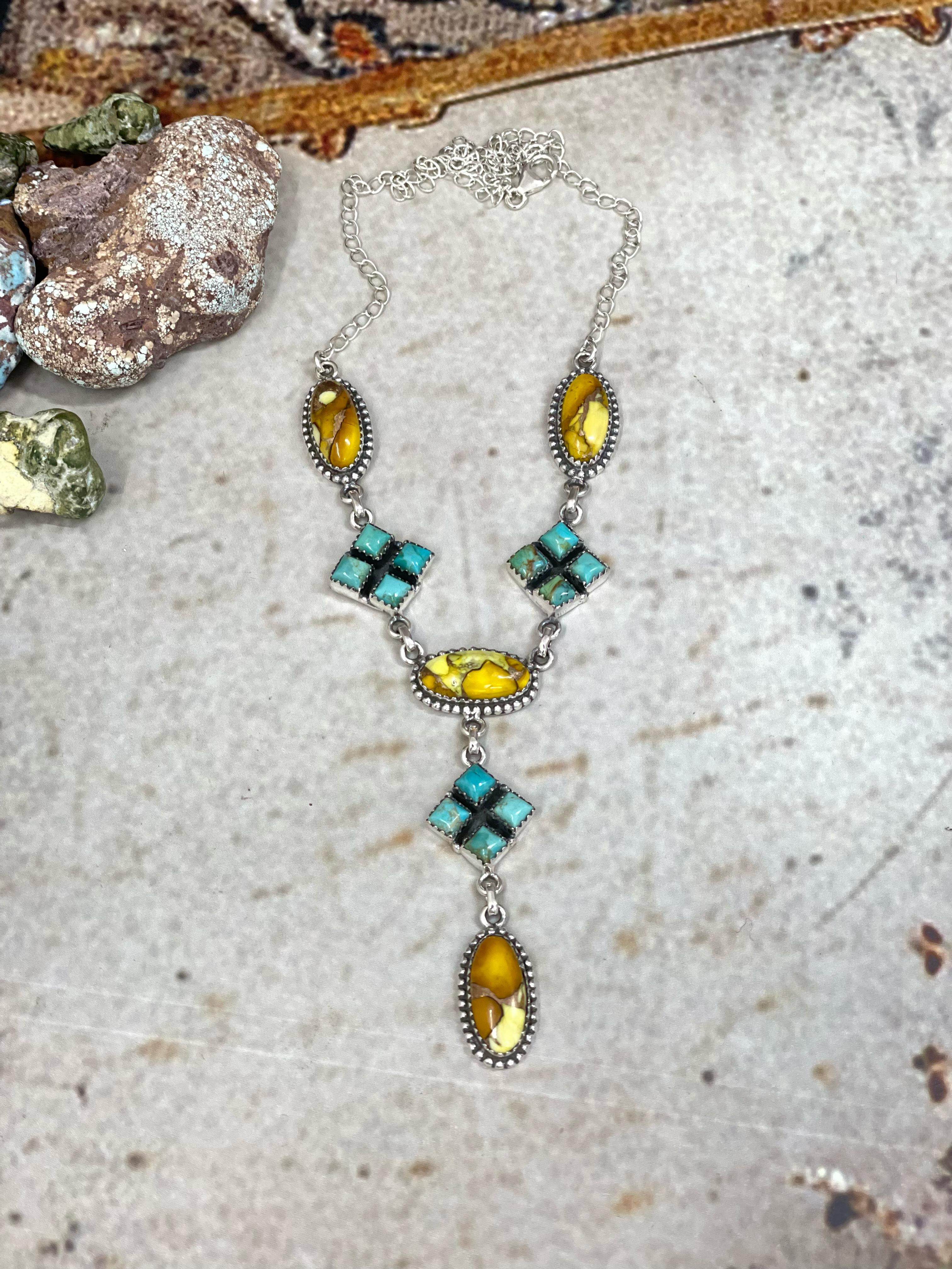 Handmade Sterling Silver Honey Dahlia with Kingman Turquoise Necklace, Signed Nizhoni