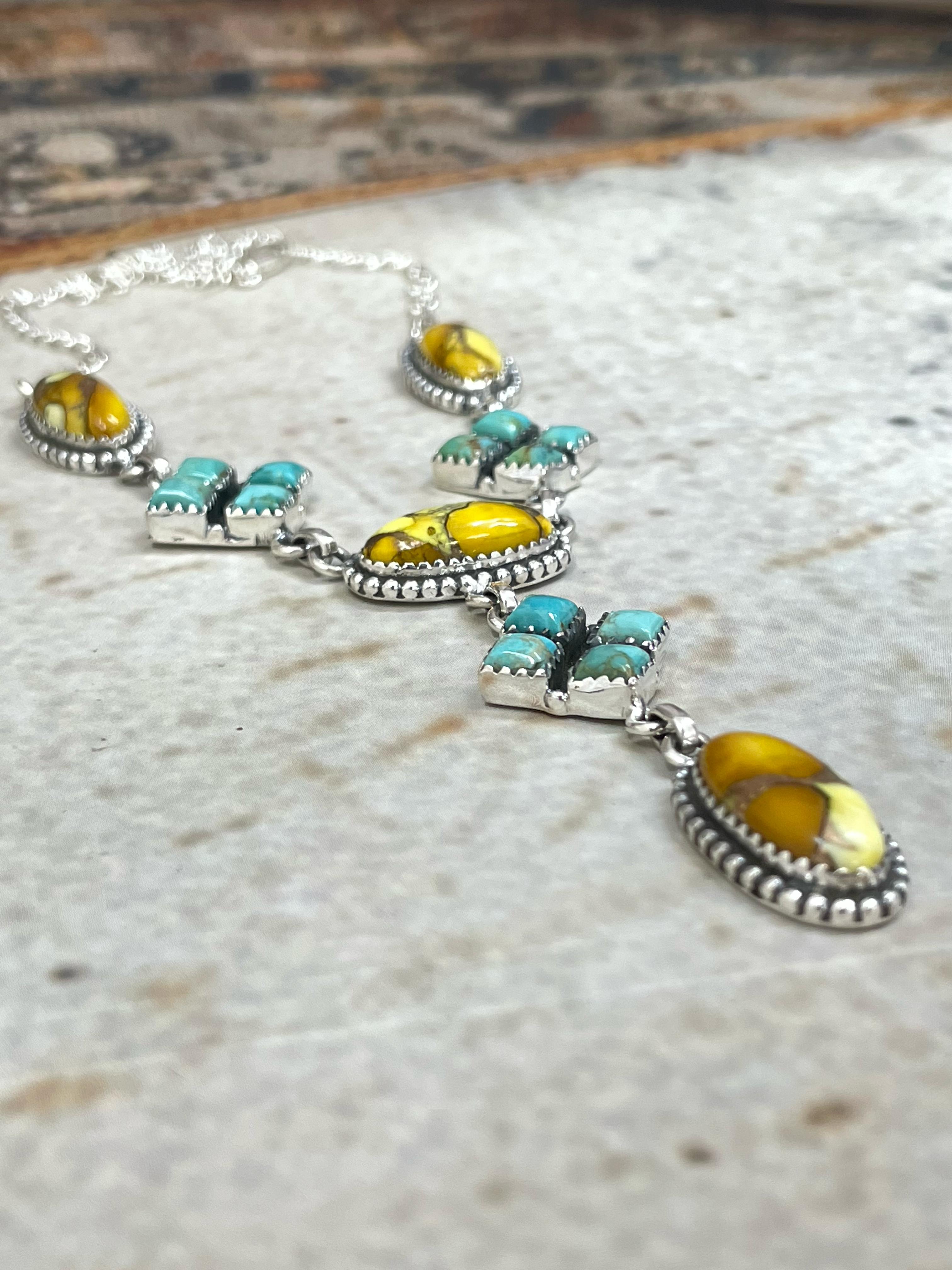 Handmade Sterling Silver Honey Dahlia with Kingman Turquoise Necklace, Signed Nizhoni