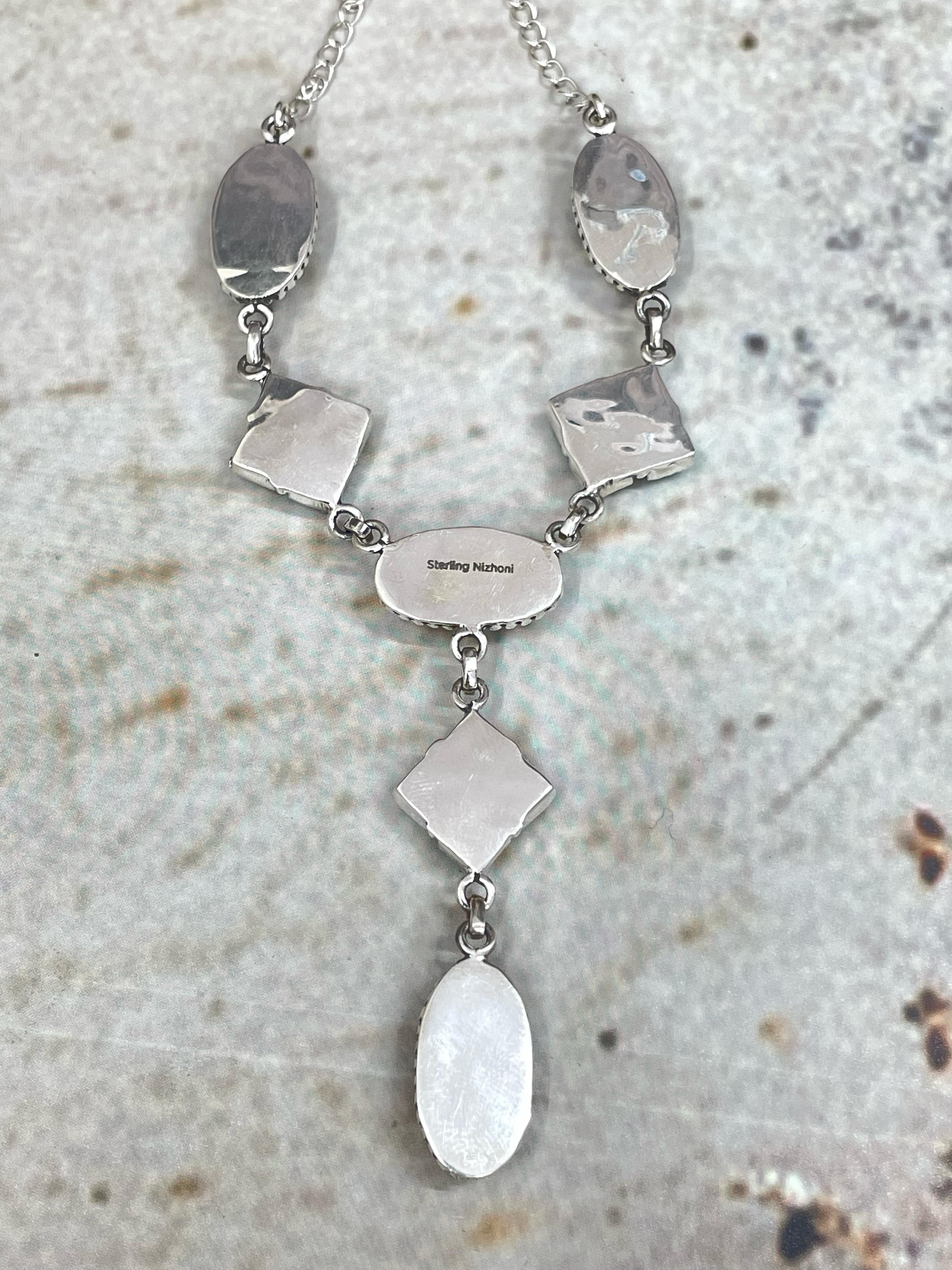 Handmade Sterling Silver Honey Dahlia with Kingman Turquoise Necklace, Signed Nizhoni