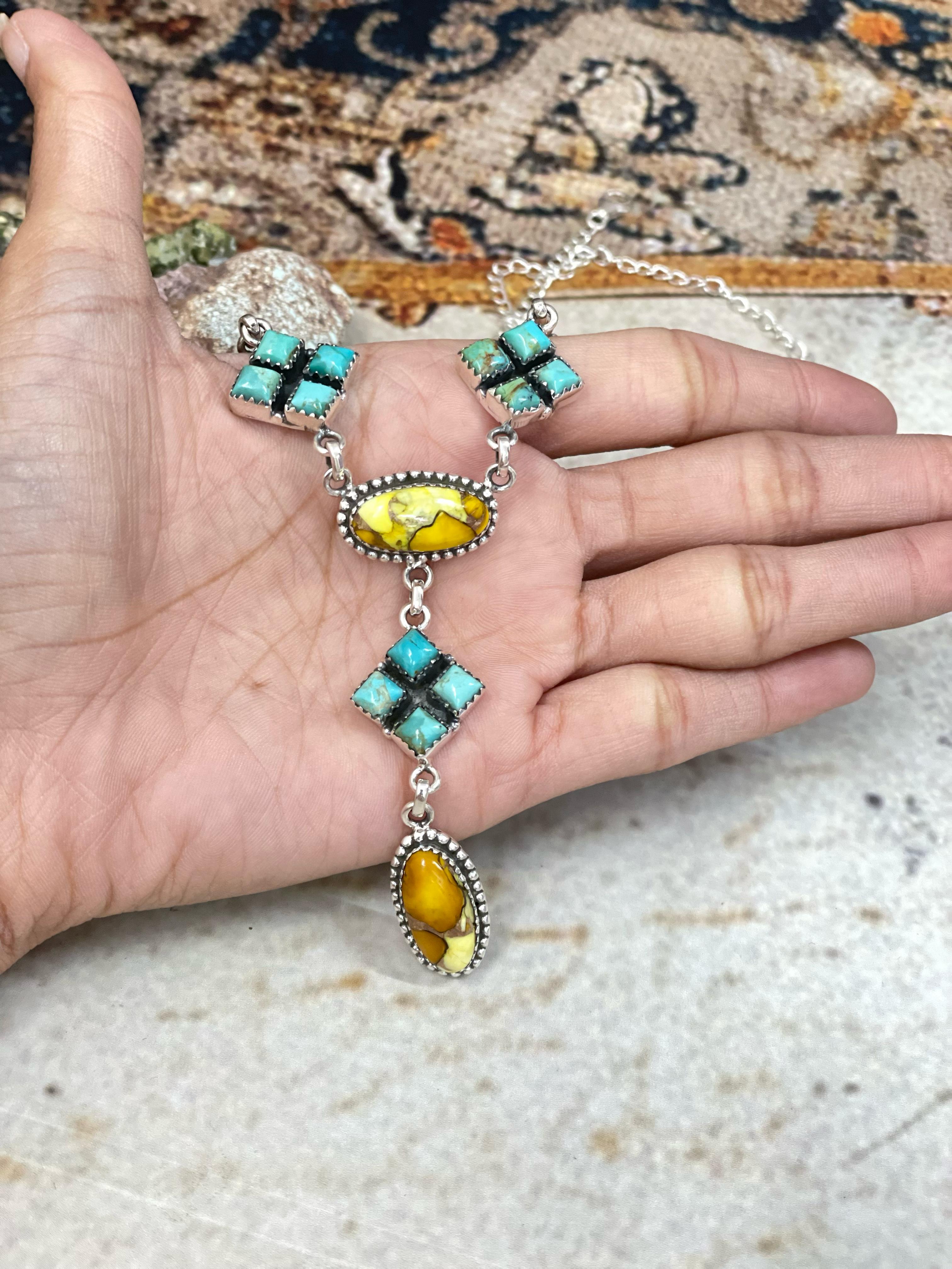 Handmade Sterling Silver Honey Dahlia with Kingman Turquoise Necklace, Signed Nizhoni