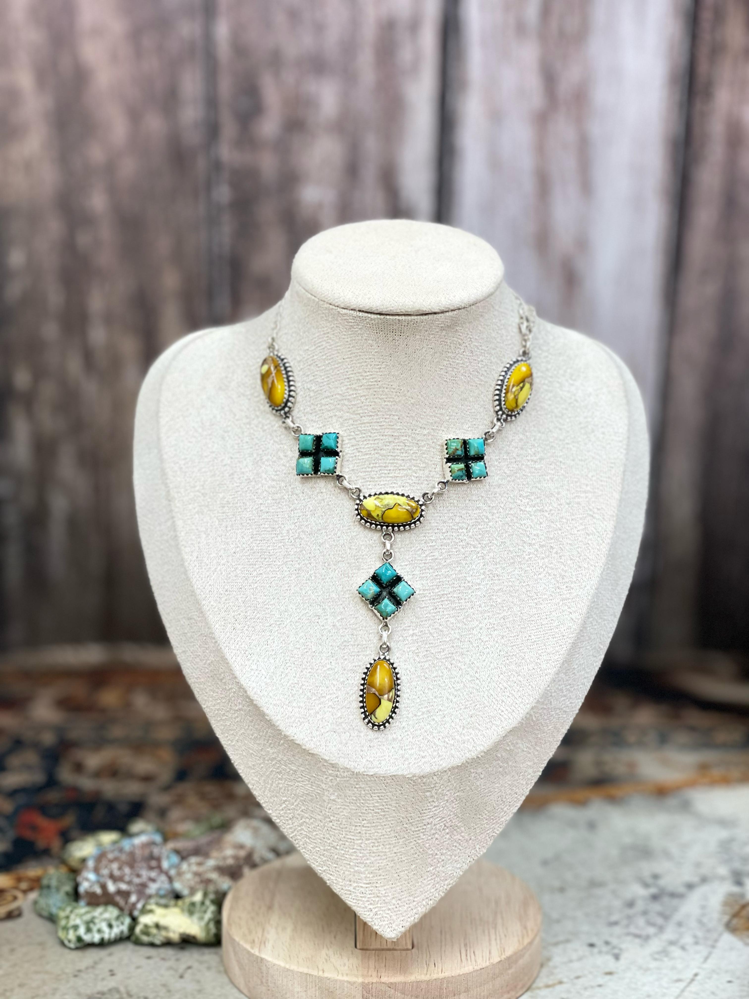 Handmade Sterling Silver Honey Dahlia with Kingman Turquoise Necklace, Signed Nizhoni