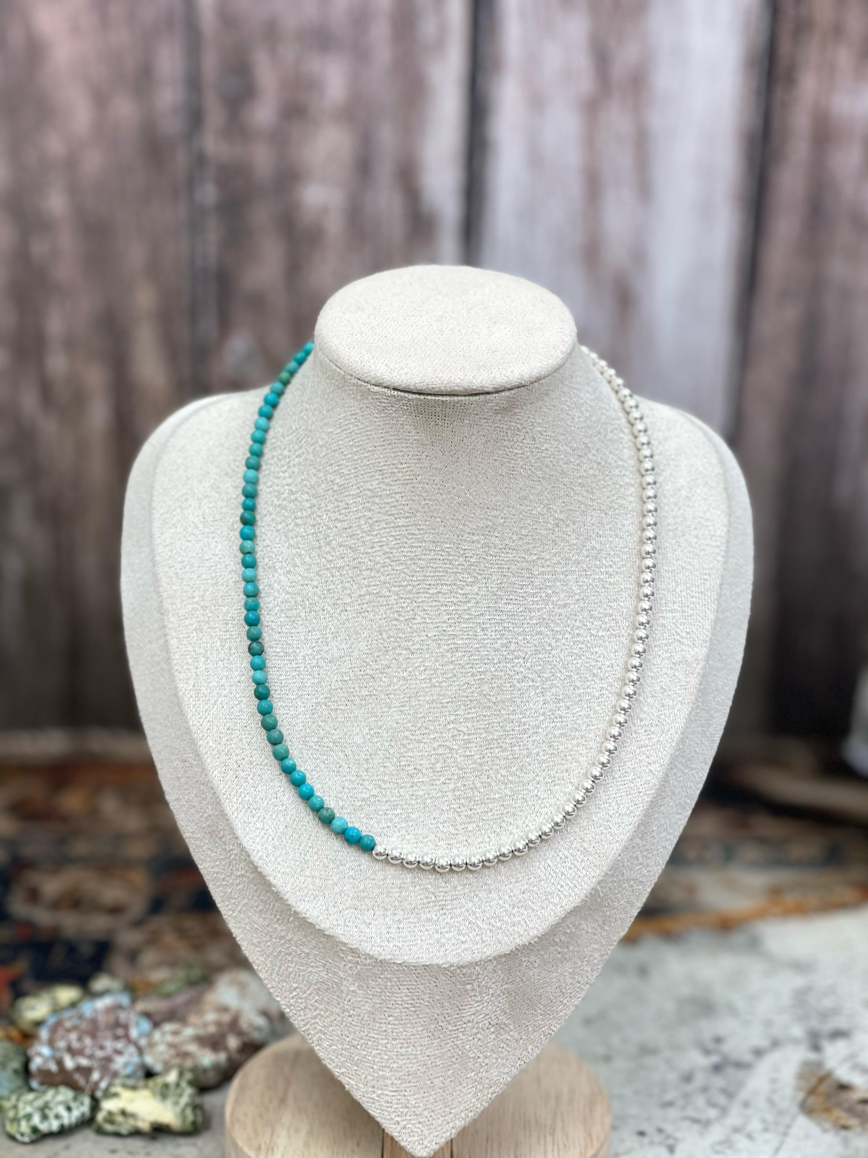 Handmade Sterling Silver Kingman Turquoise 4MM Necklace with Silver Beads, Signed Nizhoni