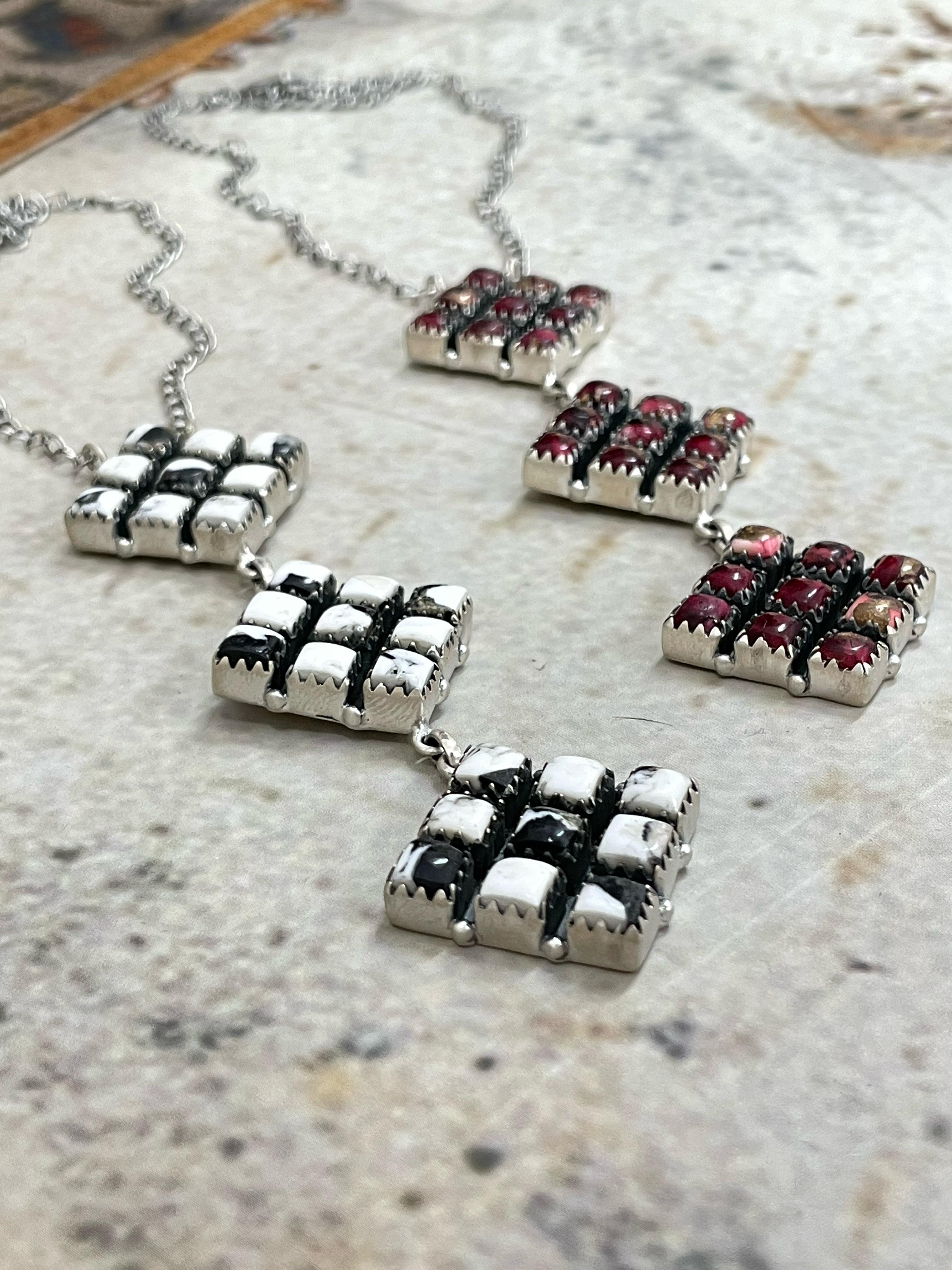 Handmade Sterling Dahlia Rose, White Buffalo Necklace with Signed Nizhoni