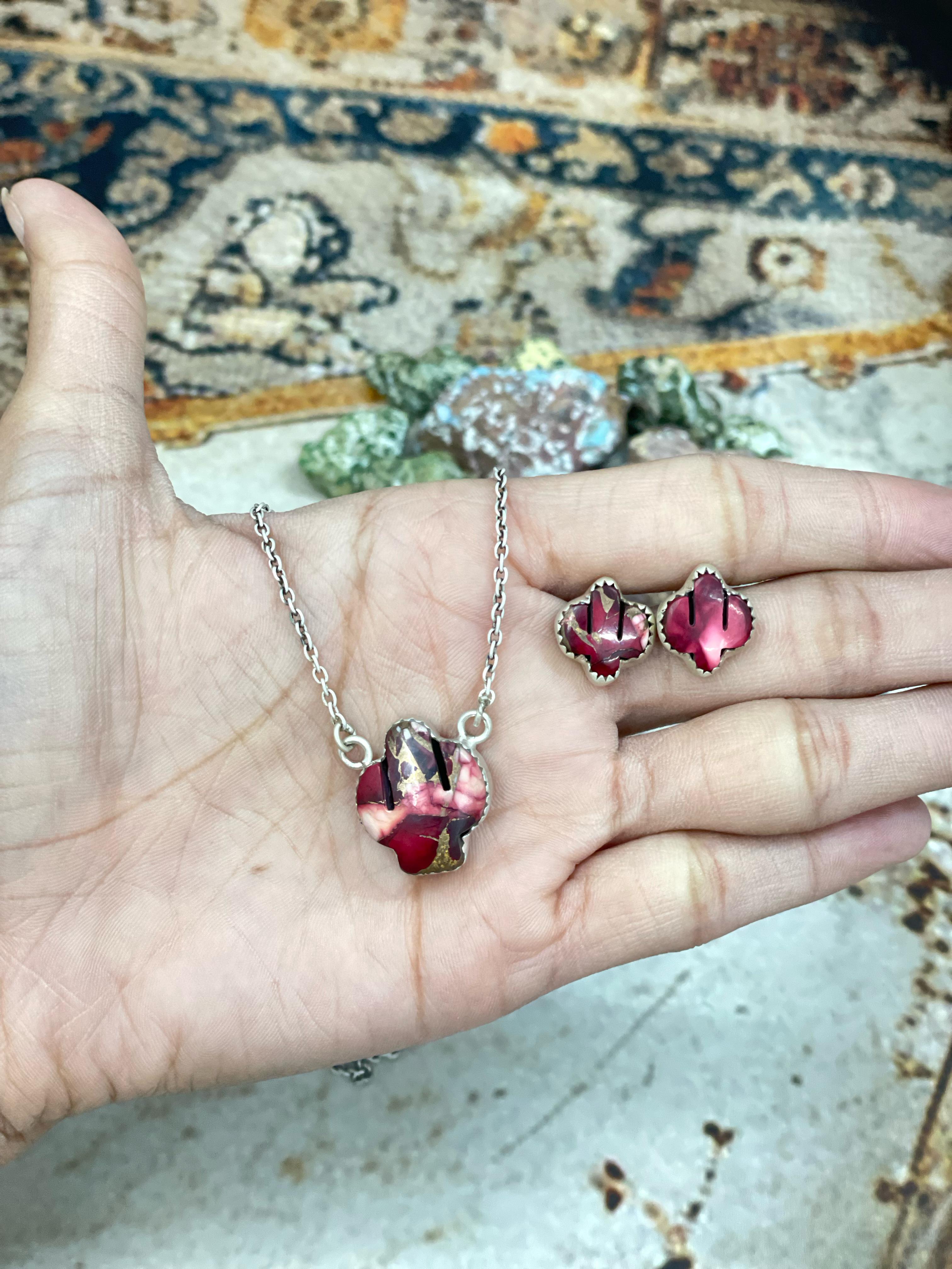 Handmade Sterling Silver Dahlia Rose, Royston Turquoise Necklace Post Earring Set with Signed Nizhoni