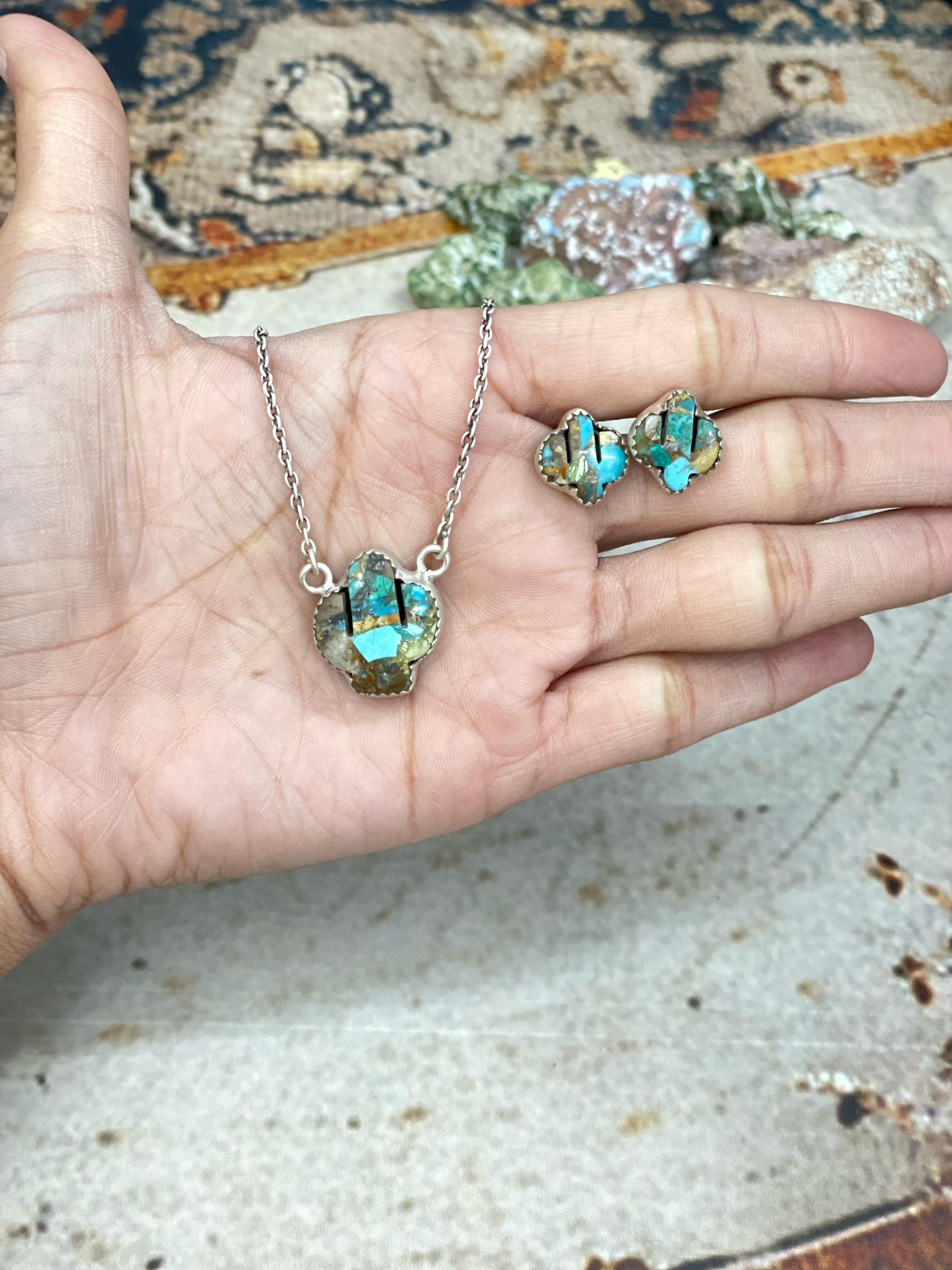 Handmade Sterling Silver Dahlia Rose, Royston Turquoise Necklace Post Earring Set with Signed Nizhoni