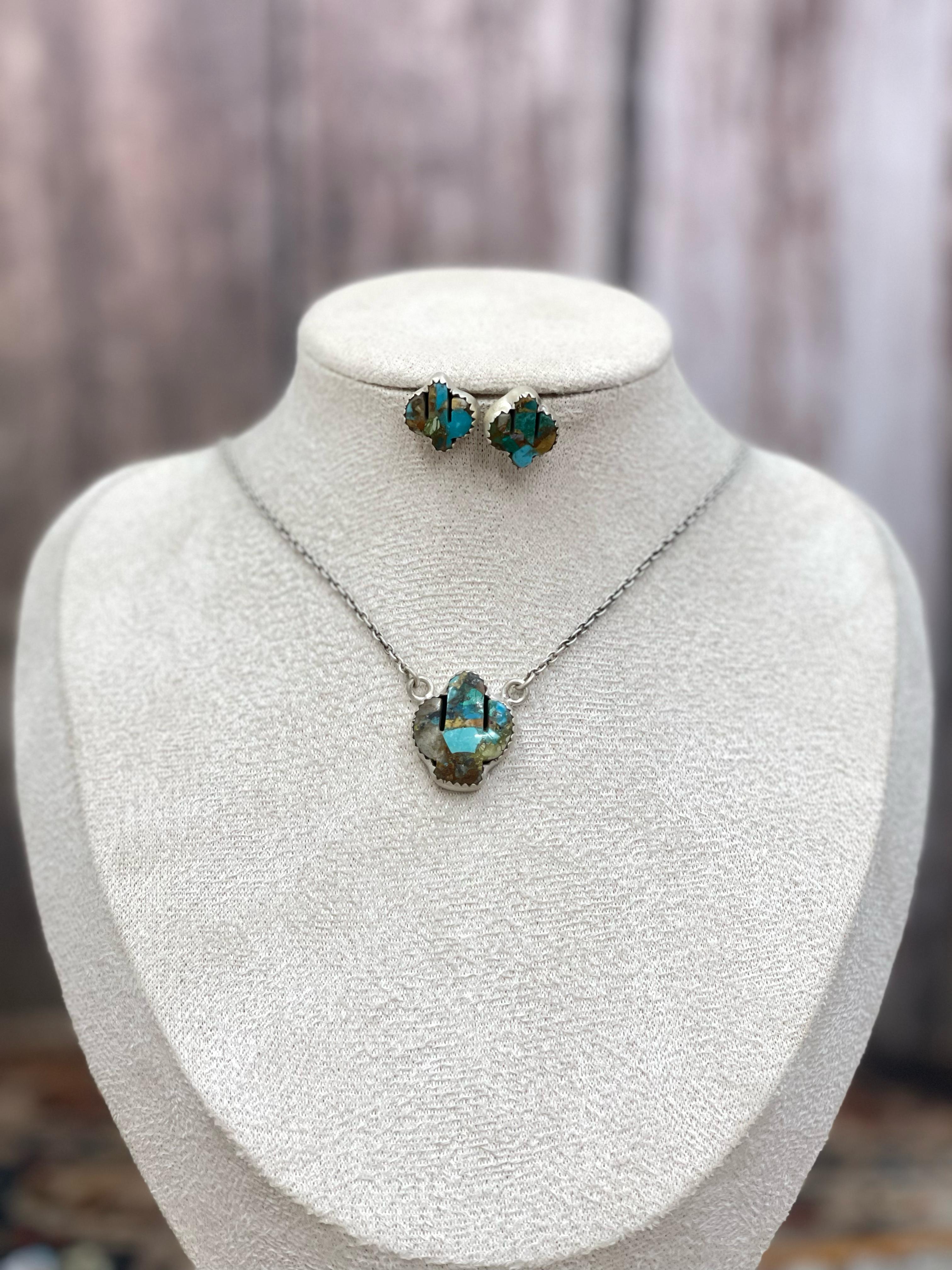 Handmade Sterling Silver Dahlia Rose, Royston Turquoise Necklace Post Earring Set with Signed Nizhoni